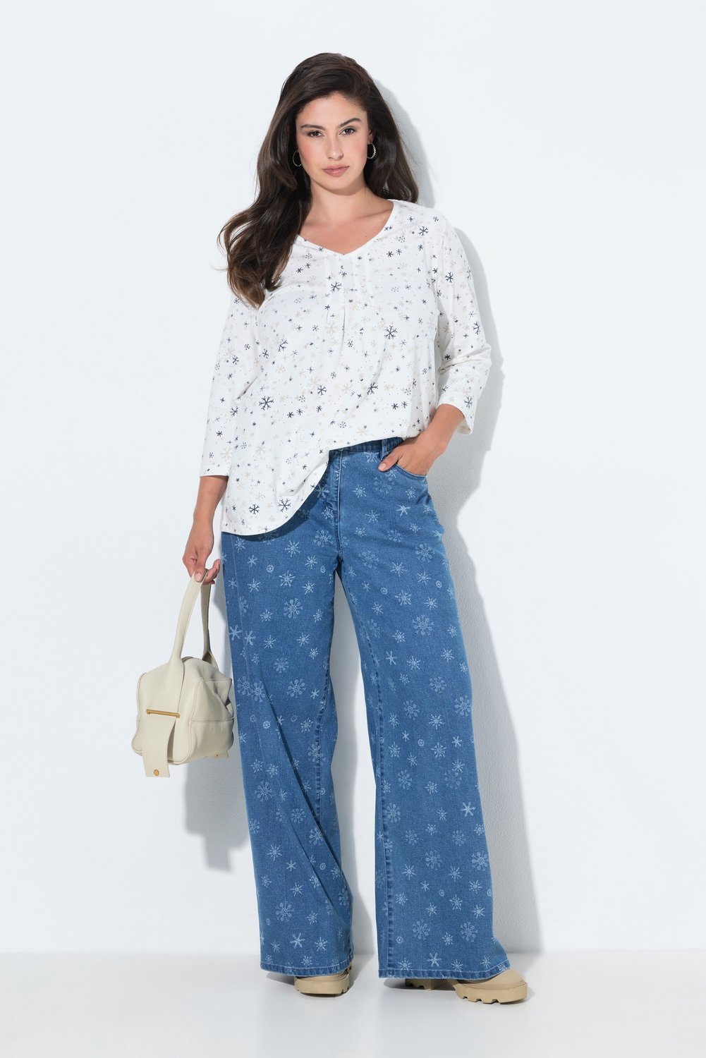 Ulla Popken - Dames - Jeans Mary sneeuwvlokken wijde rechte pijpen - Blauw denim - Maat 50