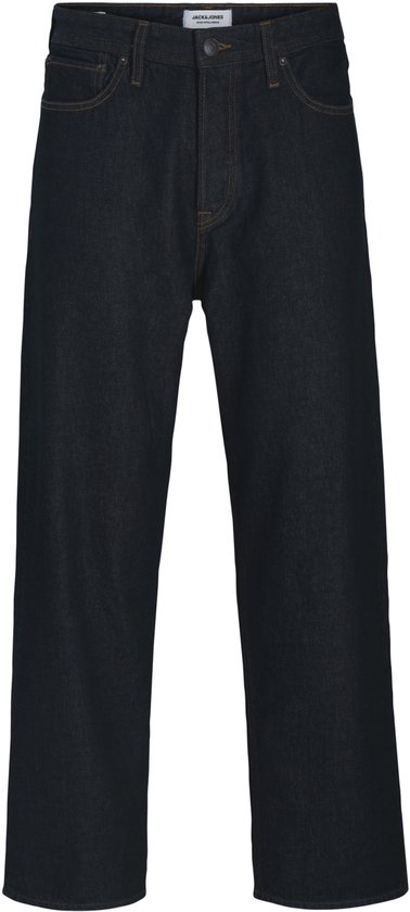 Donkere, wijde spijkerbroek met oranje stiksels, merklogo op de tailleband.