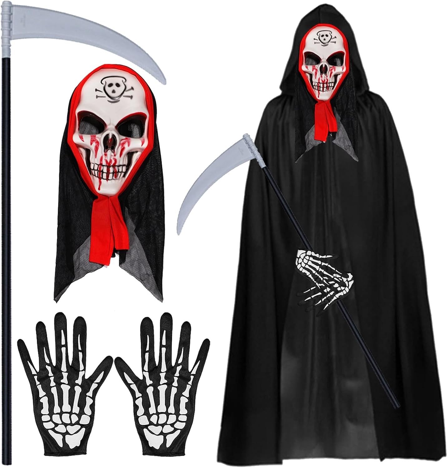 Vampier Kostuum met Kap en Masker, 140 cm Cape, Schedel Handschoenen en Doodschaaf voor Halloween Feestdecoratie
