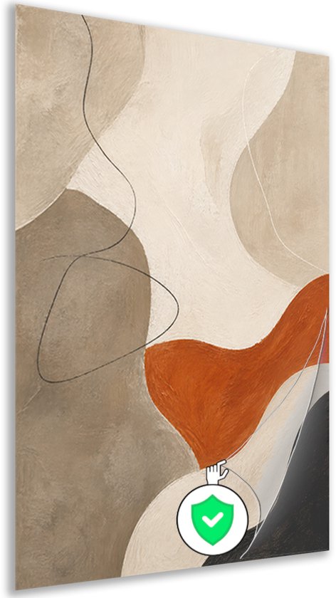 Perspectiefweergave van een poster met abstracte aardetinten, voorzien van een kwaliteitszegel.