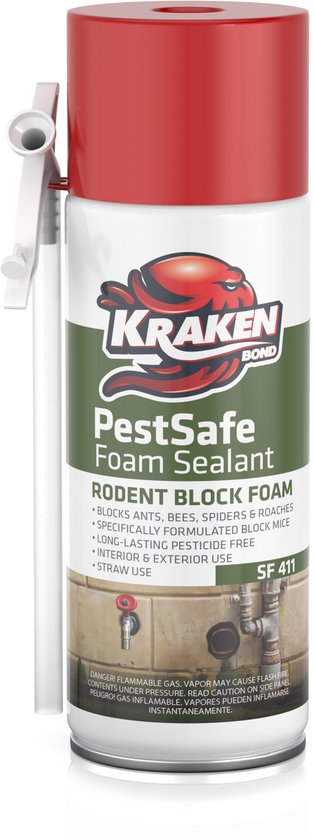 Kraken Bond PestSafe schuim in spuitbus met rode dop, groen-wit etiket met tekst over ongedierte en SF 411.