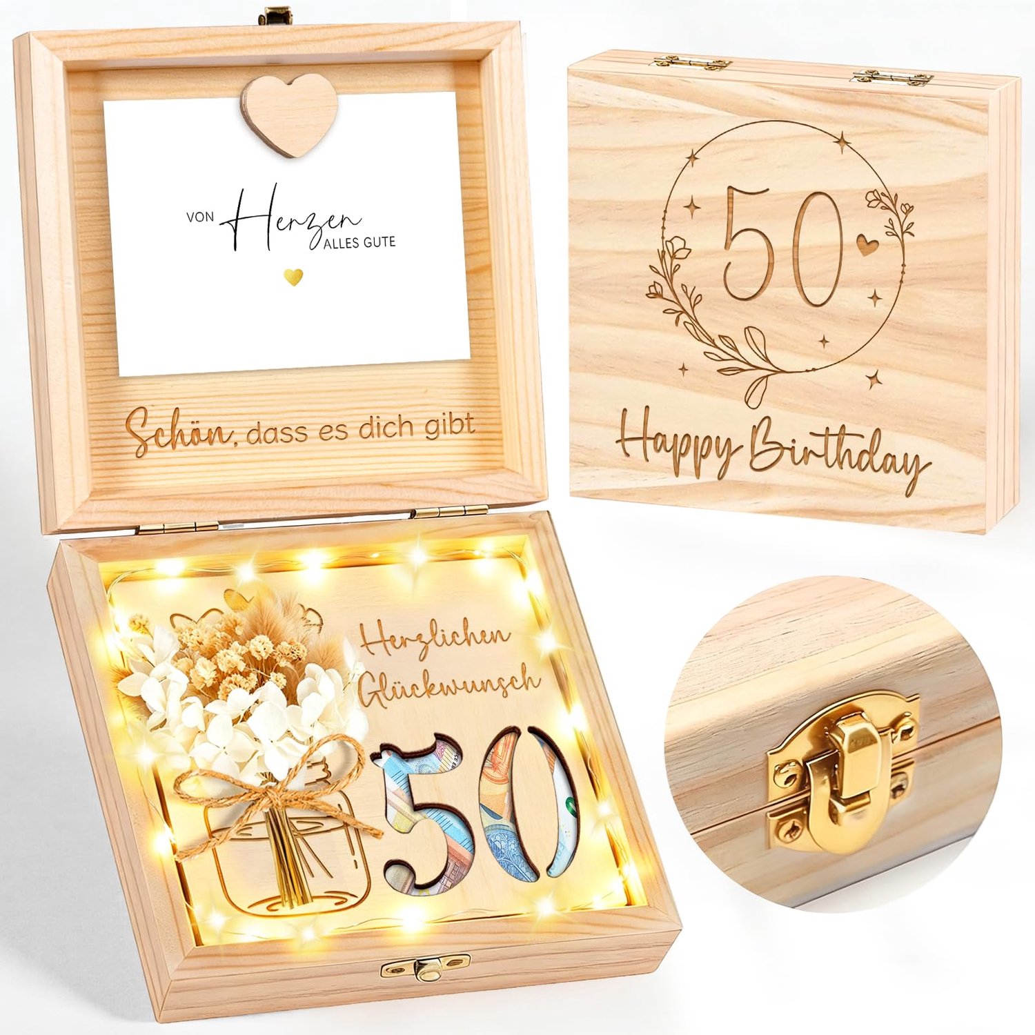 Geldgeschenken verjaardag 50 us hout, 50 geldgeschenk verpakking cadeaudoos met LED lichtslinger, grappig cadeau voor 50 verjaardag vrouw man, verjaar