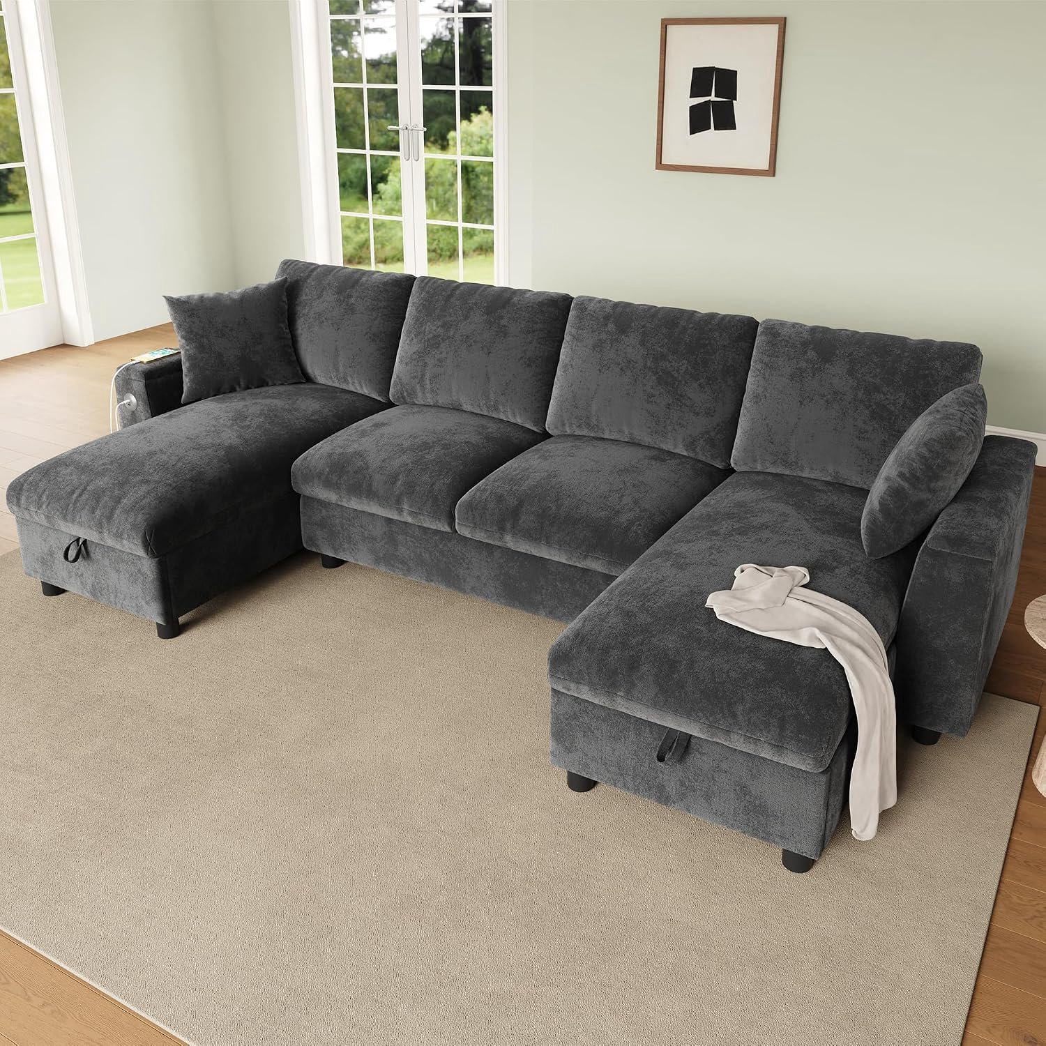 Moderne U-vormige chenille bank met chaise longue, 4-zits hoekbank met opbergruimte, USB- en type-C-aansluiting, modulair, met bekerhouders en zachte kussens, grijs