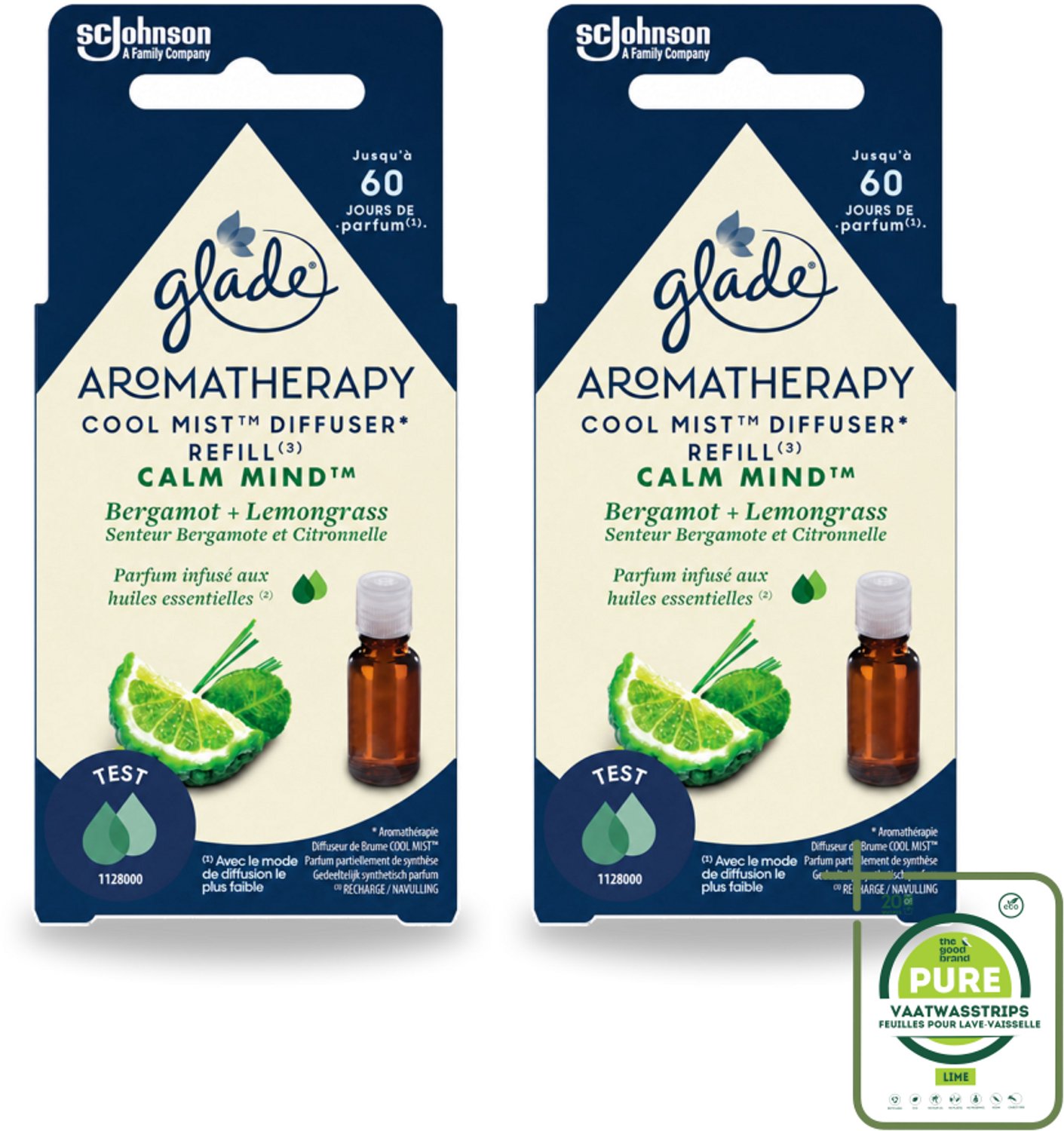 2 x Glade – Aromatherapy Mist Diffuser Navulling – Calm Mind – 17,4 ml - Grootverpakking - Vaatwasstrips - Aromatherapie - Ontspanning - Stressverlichting - Bergamot - Citroengras