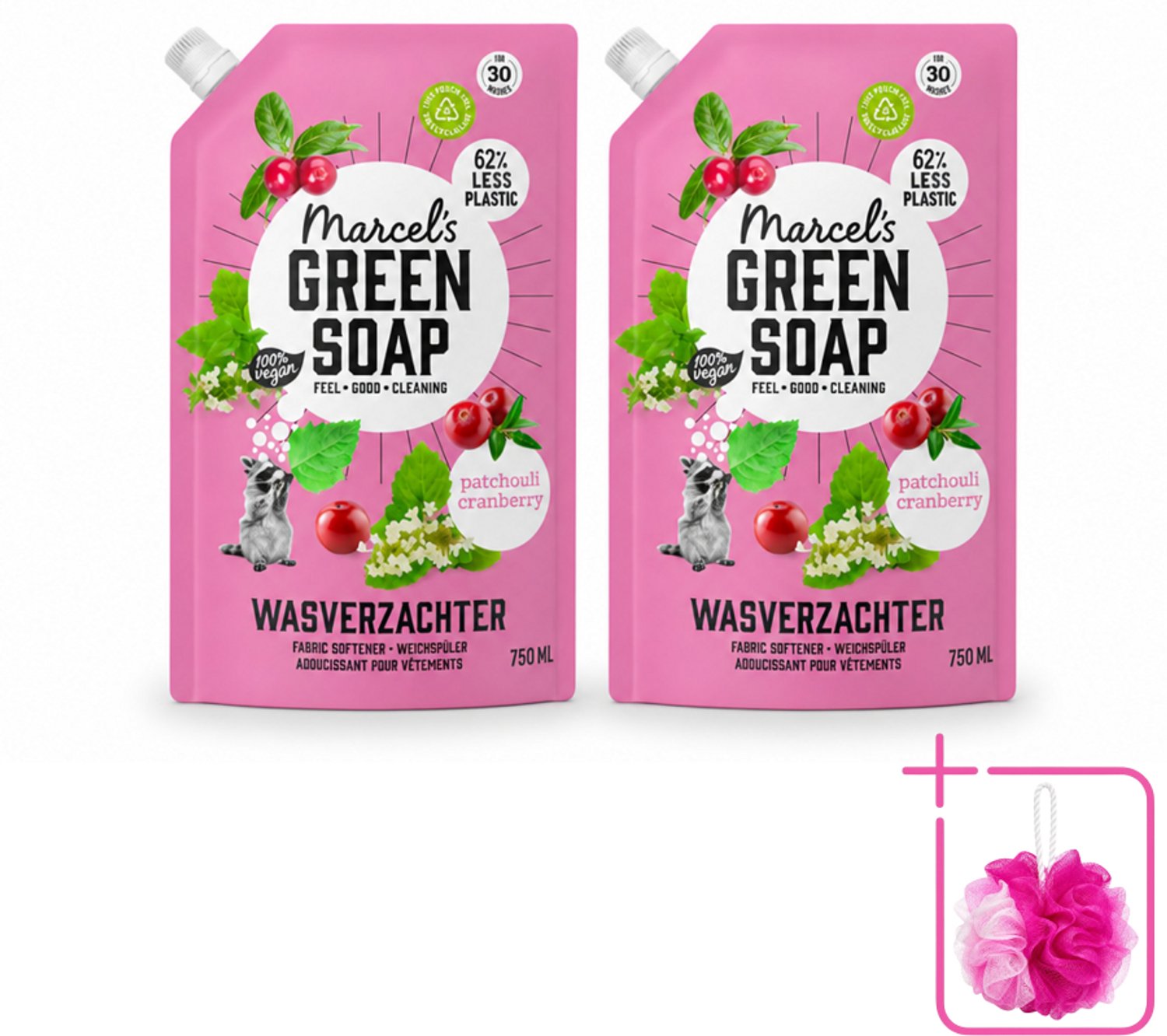 2 x Marcel’s Green Soap – Wasverzachter – Patchouli & Cranberry - Navulling – 750 ml - Bulkverpakking - Wasverzachter - Douchemop - Navulling