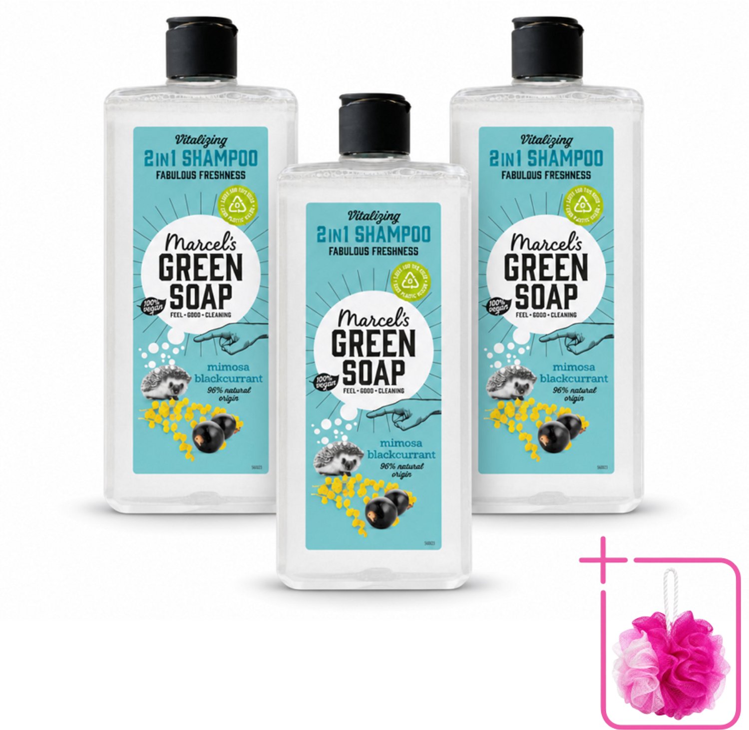 3 x Marcel's Green Soap - Shampoo & Conditioner 2-in-1 - Mimosa & Black Currant - Verzorging in één - 300 ml - Bulkverpakking - Haarverzorging - Douchemop - Natuurlijke shampoo