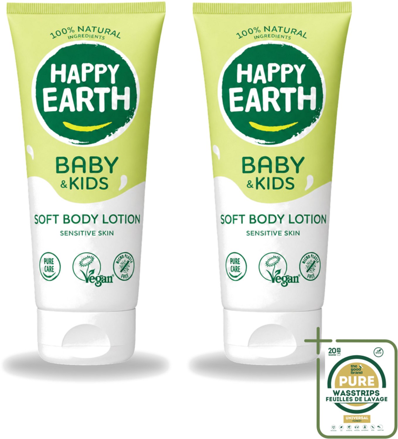 2 x Happy Earth – Bodylotion – 100% Natuurlijk Baby & Kids – 200 ml - Wasstrips - Babyhuid Verzorging - Natuurlijke Bodylotion - Baby Lotion - Kinderhuid Verzorging - Gevoelige Huid Verzorging