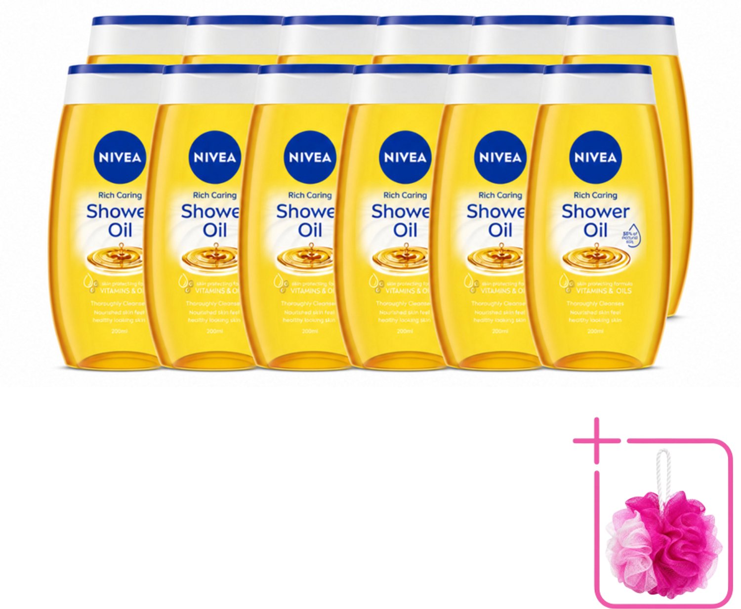 12 x NIVEA - Doucheolie - Natuurlijke Doucheolie - 200 ml - Bulkverpakking - Doucheolie - Douchemop - Natuurlijke oliën