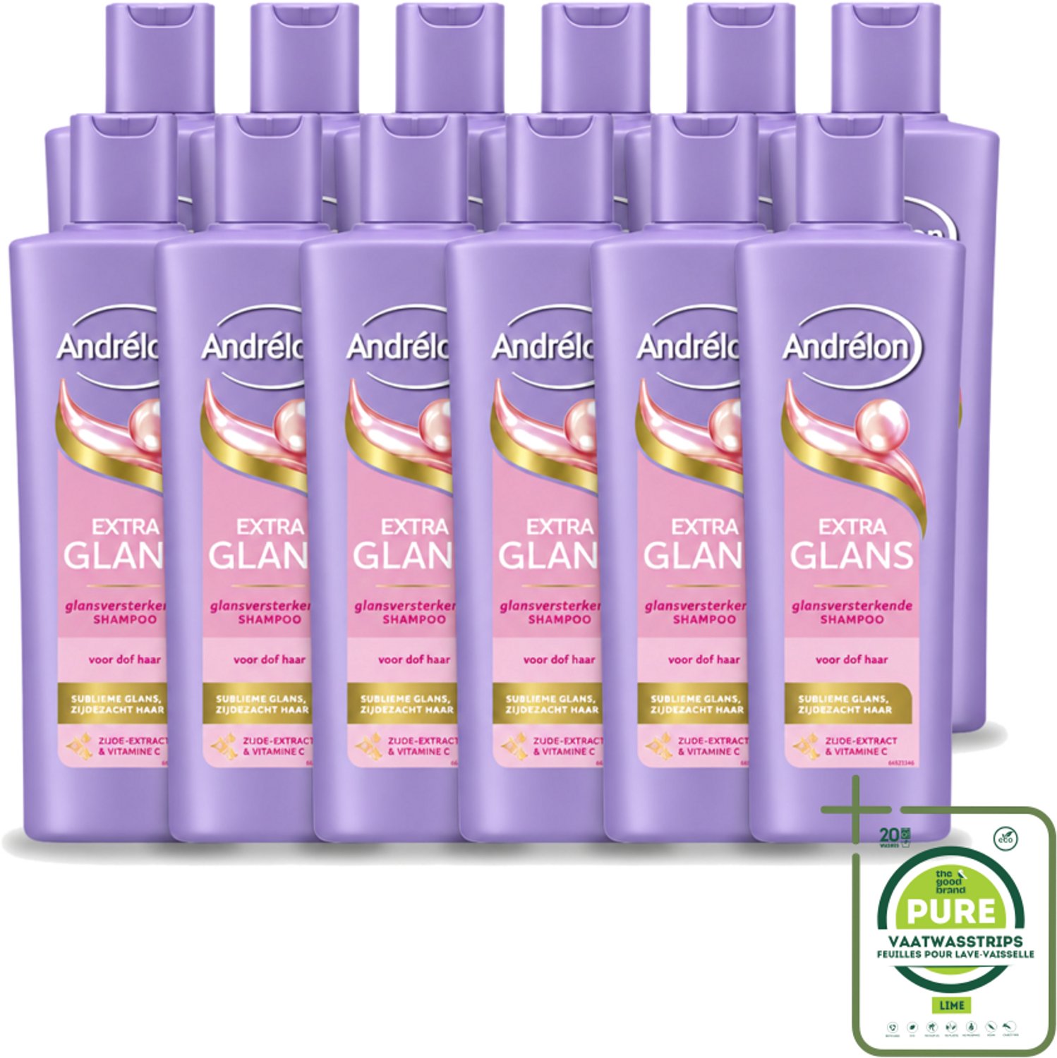 12 x Andrélon – Shampoo – Extra Glans – 250 ml - Grootverpakking - Vaatwasstrips - Glans Haar - Stralend Haar - Zacht Haar - Verzorgd Haar - Dof Haar