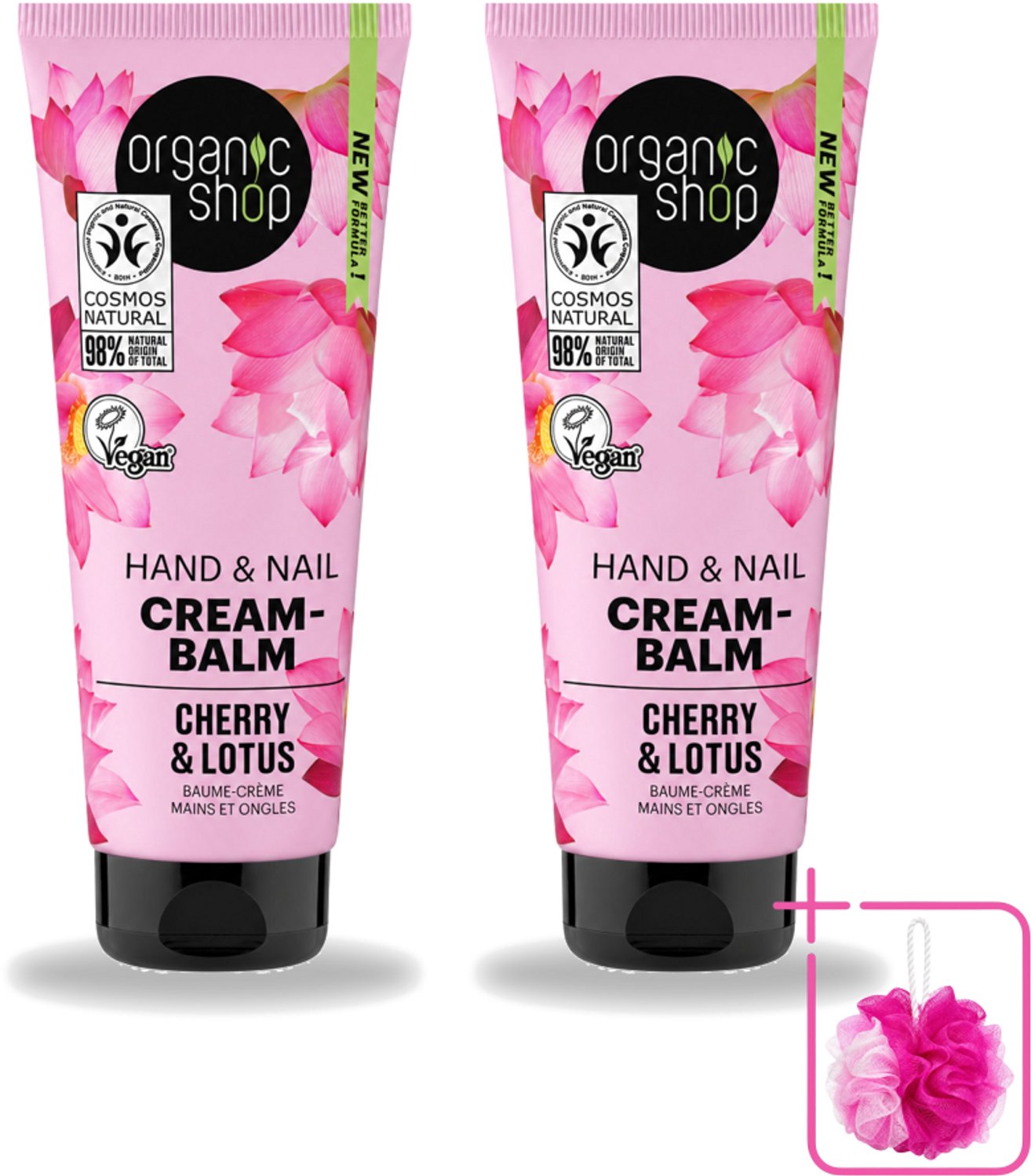 2 x Organic Shop - Hand & Nail Cream - Cherry & Lotus - Verzorgend en Hydraterend - 75 ml - Bulkverpakking - Handcrème - Douchemop - Nagelverzorging