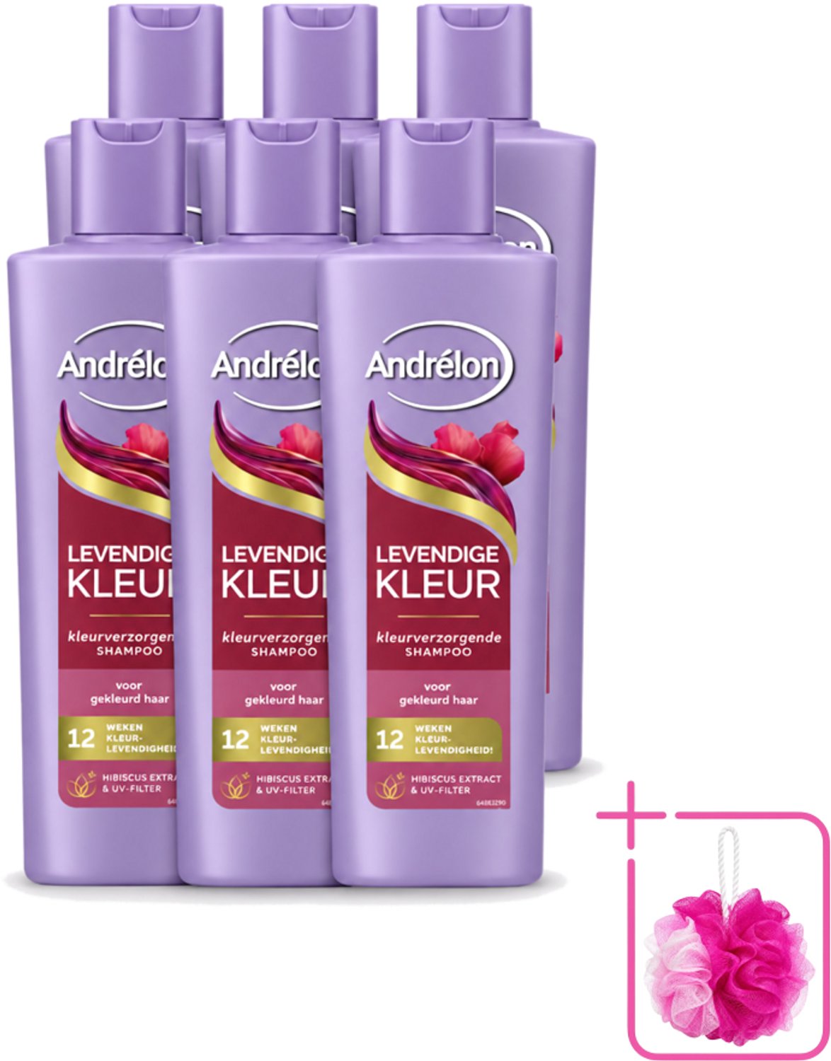 6 x Andrélon – Shampoo – Levendige Kleur – 250 ml - Bulkverpakking - Kleurbehoud haar - Douchemop - Hibiscus shampoo
