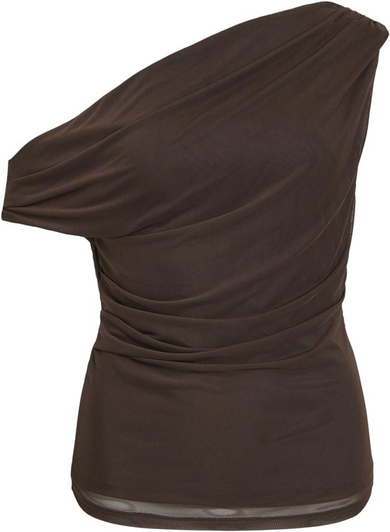 Bruine one-shoulder top met gedrapeerd effect aan de zijkant.