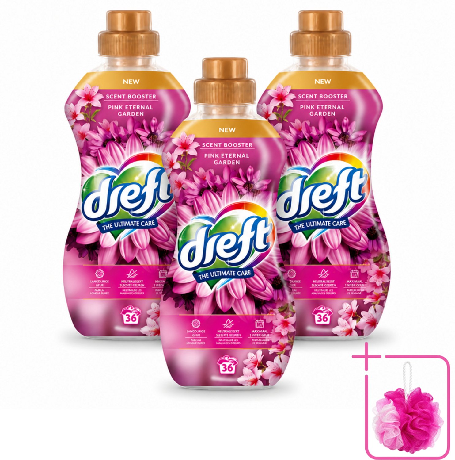 3 x Dreft – Pink Eternal Garden – Vloeibare Geurbooster – 720 ml – 36 wasbeurten - Bulkverpakking - Wasmiddel poeder - Douchemop - Frisheid was
