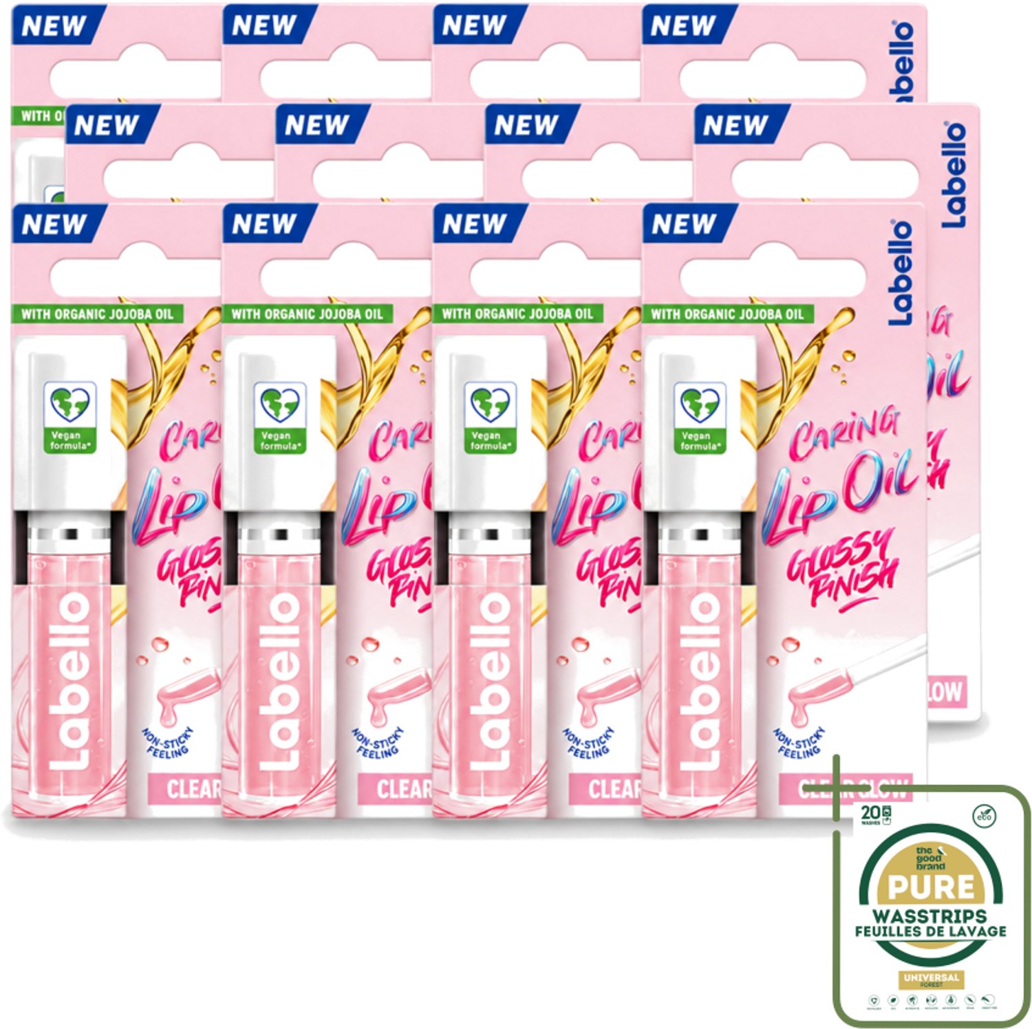 12 x Labello –Caring Lip Oil – Clear Glow – 5,5 ml - Wasstrips - Lippenbalsem - Lipolie - Glans - Verzorging - Vegan Lippenbalsem