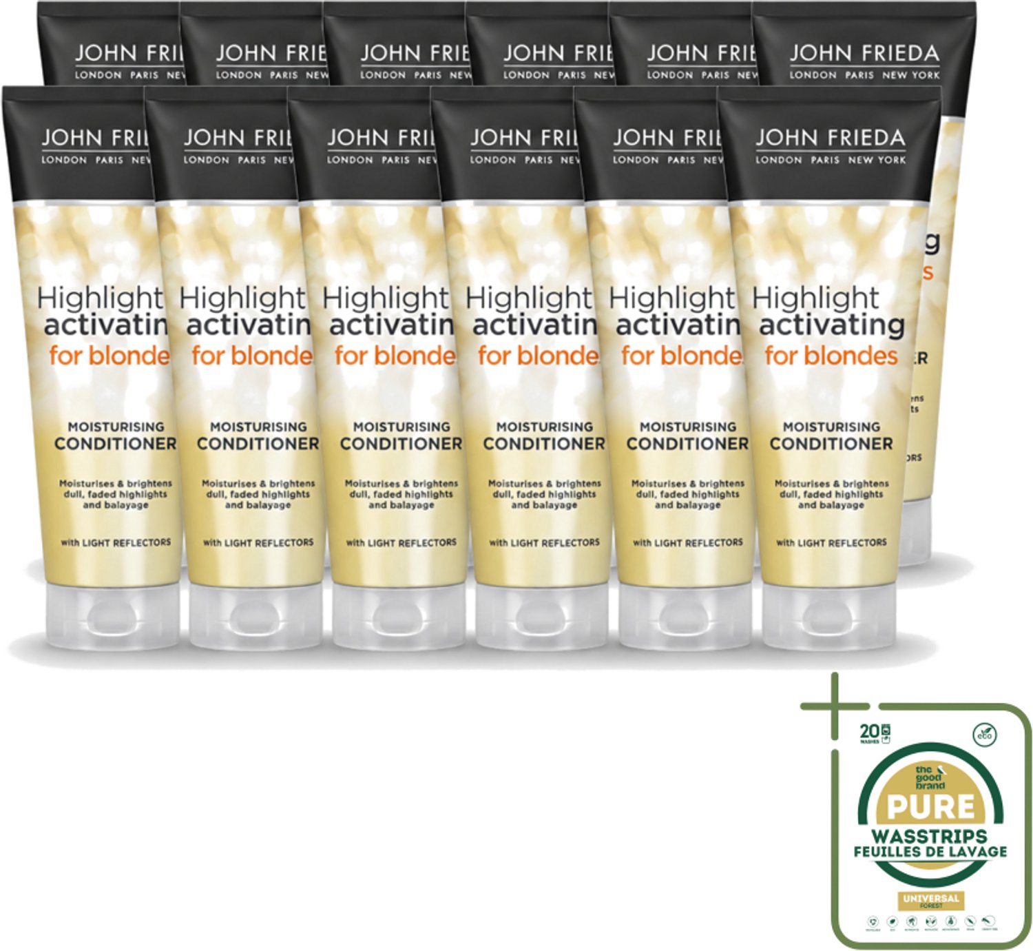 12 x John Frieda – Conditioner – Sheer Blonde – Verhelderend – 250 ml - Wasstrips - Blond Haar Verhelderen - Crèmespoeling - Haar Verzorgen - Haar Glans - Haar Verzachten