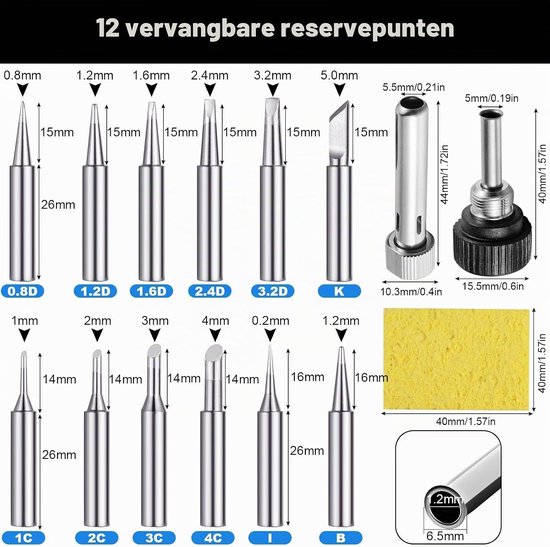 Solderpen Set van 12 Stuks, Vervangbare Soldering Pens voor Solderstations, Loodvrije Soldering Pen voor Soldergun en Lassen, Ideaal voor Hobby en Professioneel Gebruik — afbeelding 5