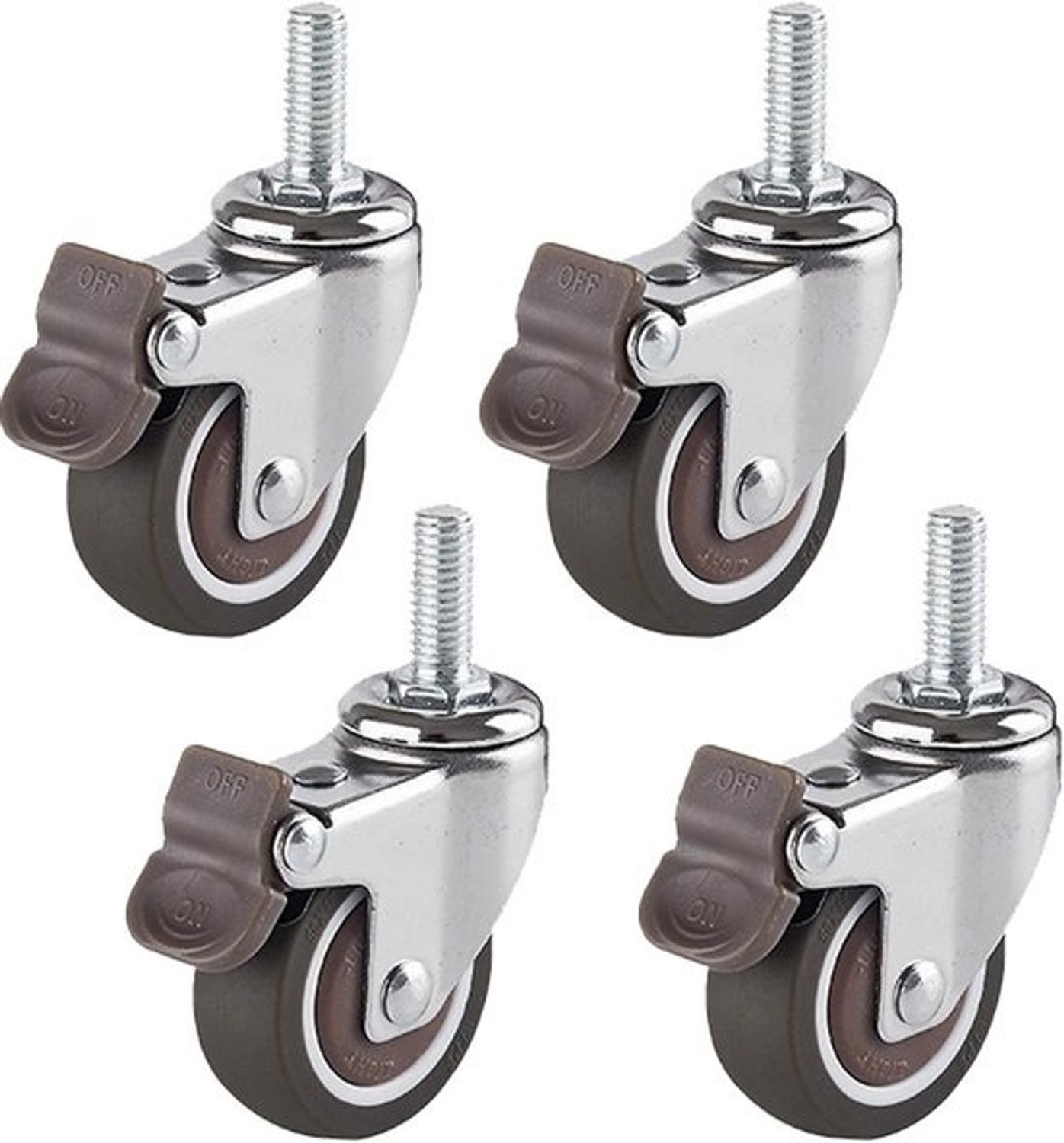 Zwenkwielen met rem, 25 mm, 38 mm, 50 mm, rubberen wielen, 360° draaibaar, meubelwielen, set van 4, M6/M8-standaardas, draagvermogen 90 kg, kogellagers (1,5 inch, 4 remmen)