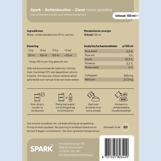 Informatie over SPARK Bottenbouillon Eland mono-proteïne voor honden en katten.