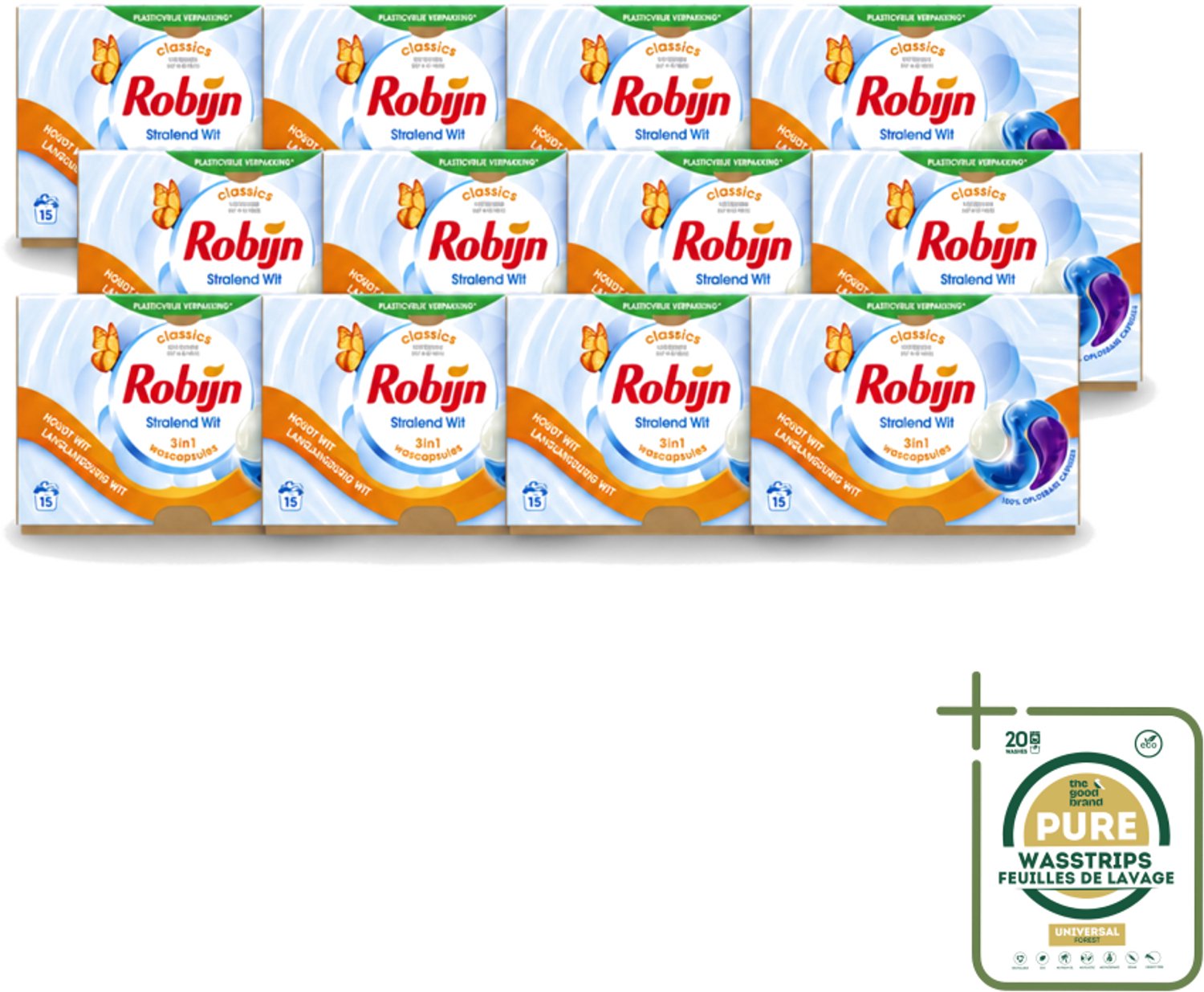 12 x Robijn – 3-in-1 Wascapsules – Stralend Wit – 15 capsules - Wasstrips - 3-in-1 Wascapsules - Stralend Wit Was - Witte Was - Wascapsules - Wasverzachter