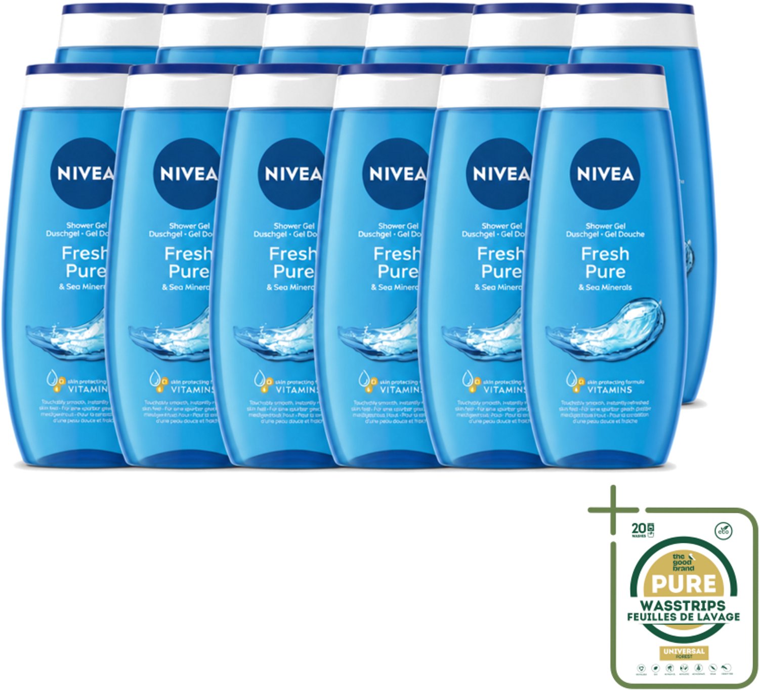 12 x Nivea – Douchegel – Fresh Pure – 250 ml - Wasstrips - Douchegel - Huidverzorging - Frisheid - Vitamine C - Vitamine E