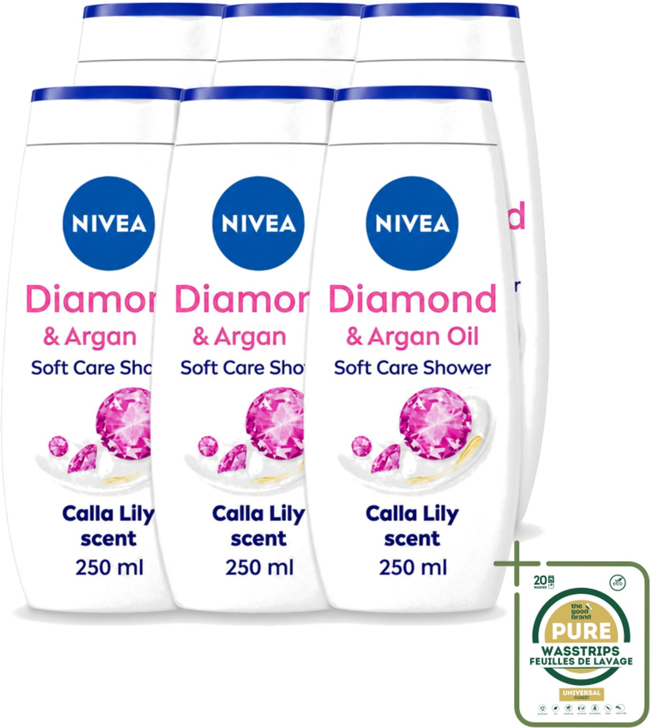 6 x Nivea - Diamond Touch Douchegel - Sensuele Leliegeur - 250 ml - Wasstrips - Douchegel - Diamantpoeder - Witte Aronskelk - Hydratatie - Luxe Douchegel
