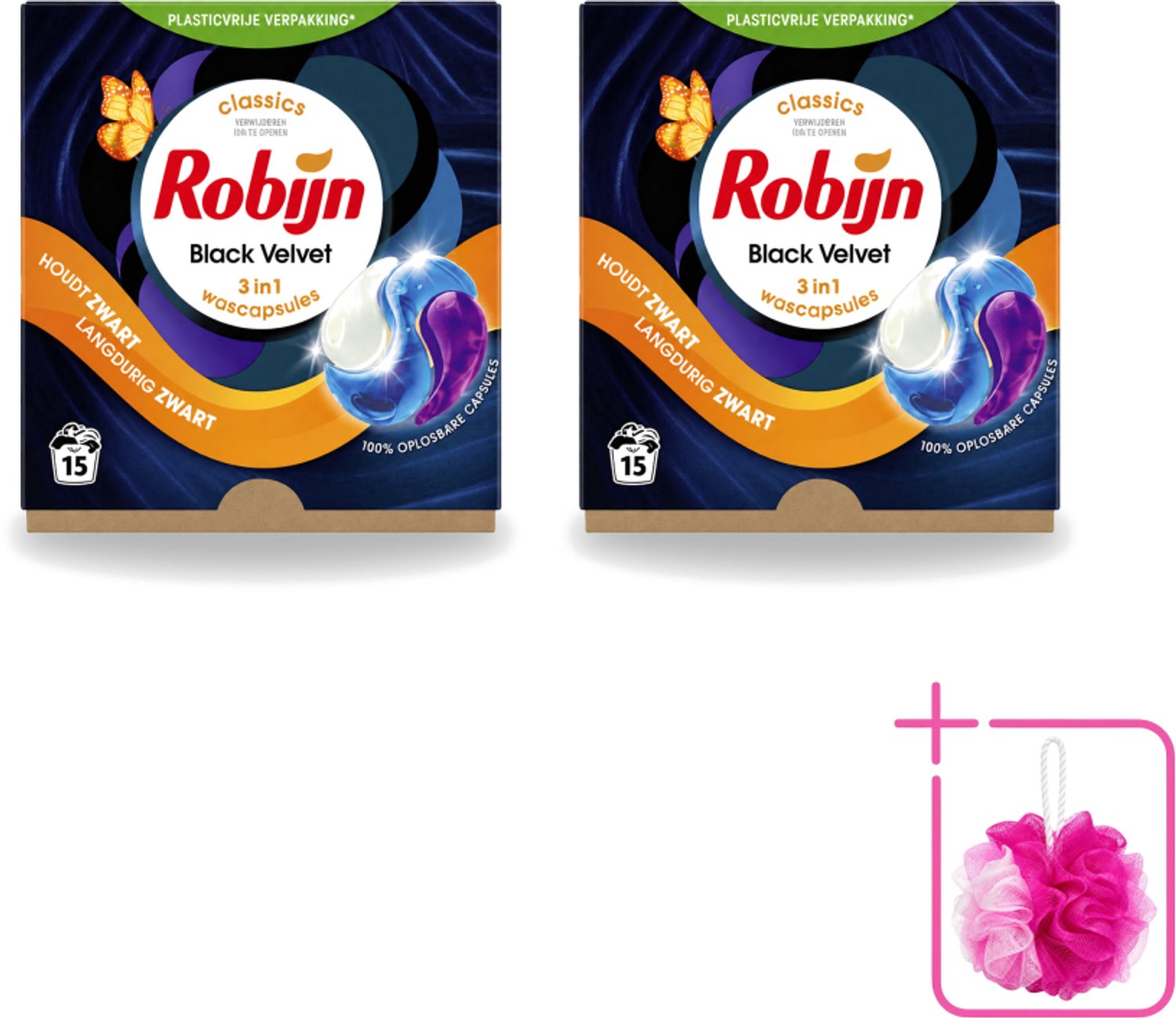 2 x Robijn – 3-in-1 Wascapsules – Black Velvet – 15 capsules - Bulkverpakking - Zwarte was - Douchemop - Zwart kleding