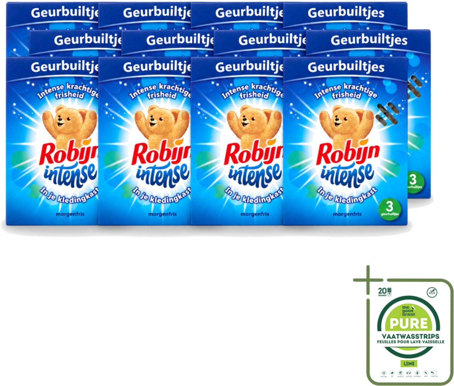 12 x Robijn - Intense - Geurbuiltjes - Langdurige Geur - Intense Frisheid - 3 Geurbuiltjes - Grootverpakking - Vaatwasstrips - Geur In Kleding - Frisheid Kleding - Geur In Tas - Geur In Koffer - Geur In Auto