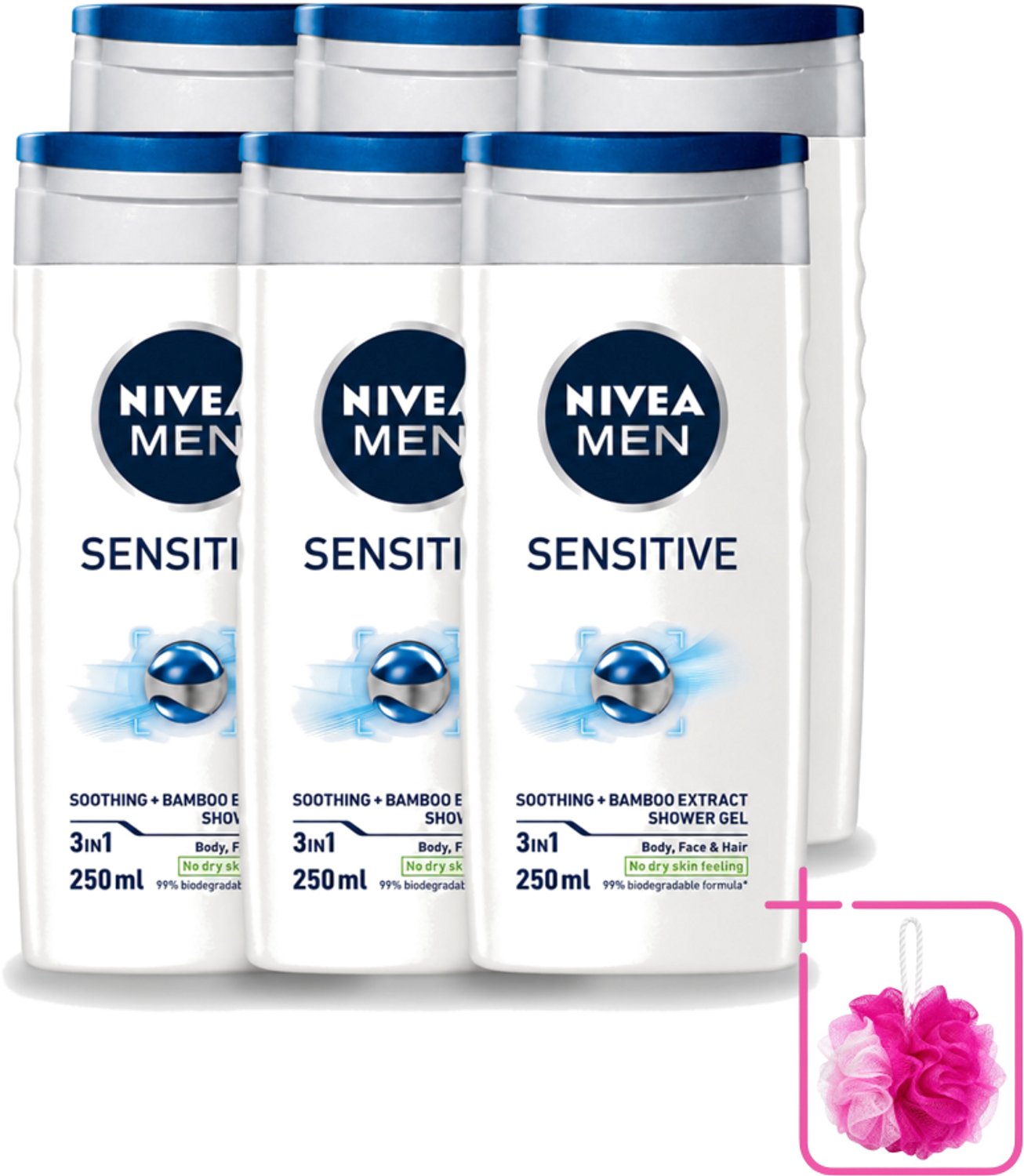6 x Nivea - Men - Sensitive Douchegel - Hydraterend - 250 ml - Bulkverpakking - Gevoelige huid - Douchemop - Douchegel