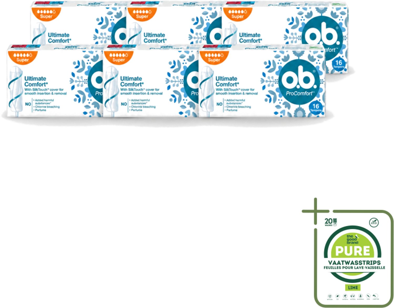 6 x o.b. Tampons - ProComfort Super - Voor Comfort en Zachte Bescherming - 16 Tampons - Grootverpakking - Vaatwasstrips - Tampons - Menstruatiebescherming - Comfort - Zachte Bescherming - Plantaardige Kern