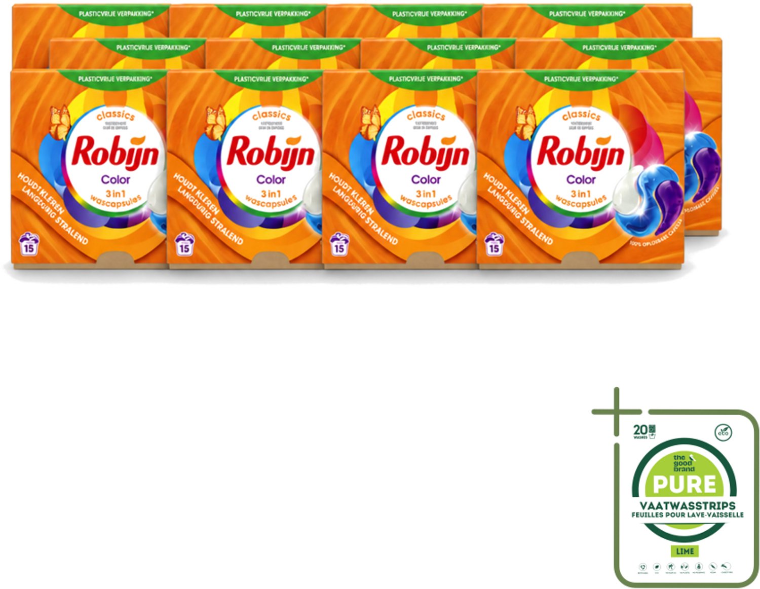 12 x Robijn – 3-in-1 Wascapsules – Color – 15 capsules - Grootverpakking - Vaatwasstrips - Kleurbehoud - Wascapsules - Wasverzachter - Biologisch Afbreekbaar - Frisse Geur