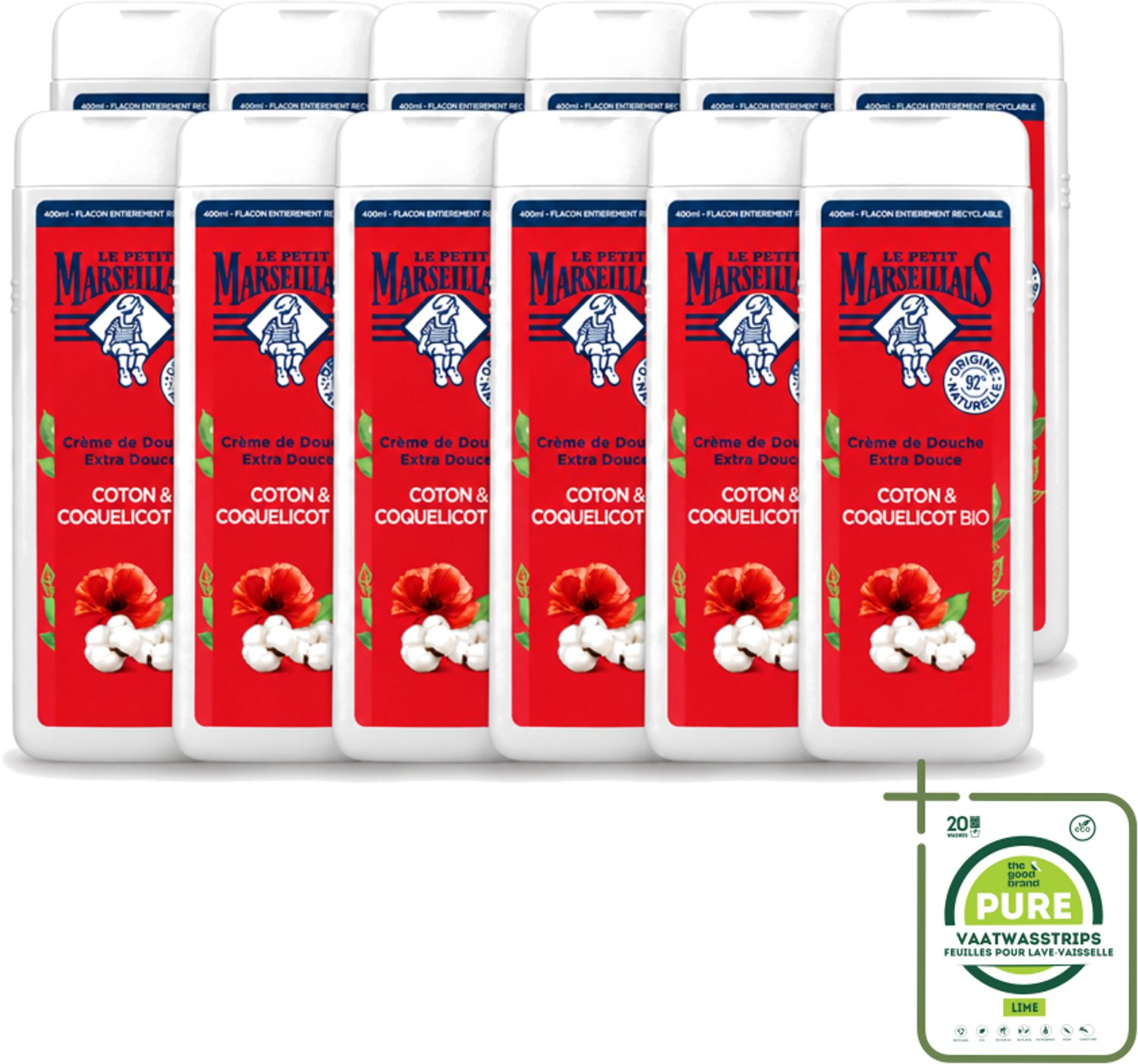 12 x Le Petit Marseillais – Douchegel – Bio Katoenmelk & Papaver – 400 ml - Grootverpakking - Vaatwasstrips - Douchegel Bio - Katoenmelk - Papaver - Huid Verzorging - Milde Reiniging