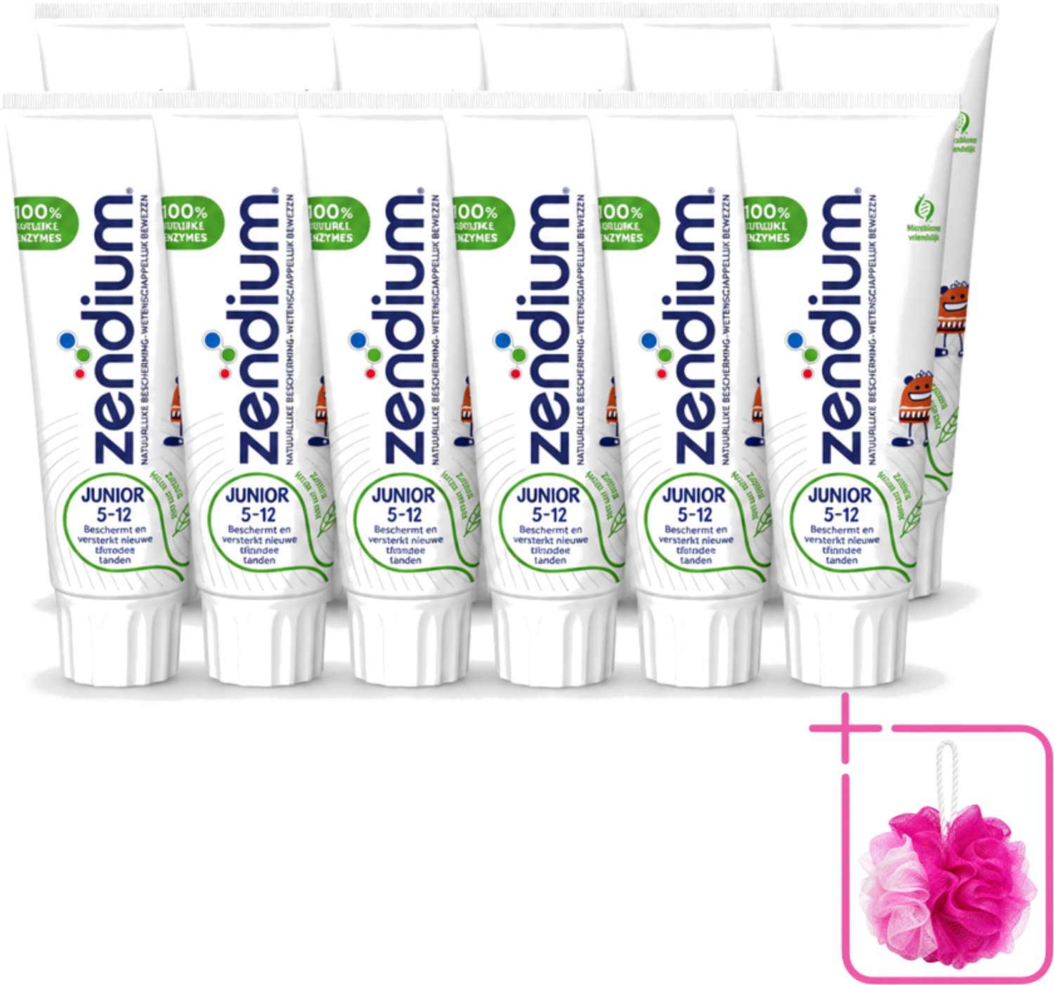 12 x Zendium - Junior 5-12 Jaar - Tandpasta - Natuurlijke Enzymen - 75 ml - Bulkverpakking - Tandpasta voor kinderen - Douchemop - Melktanden beschermen