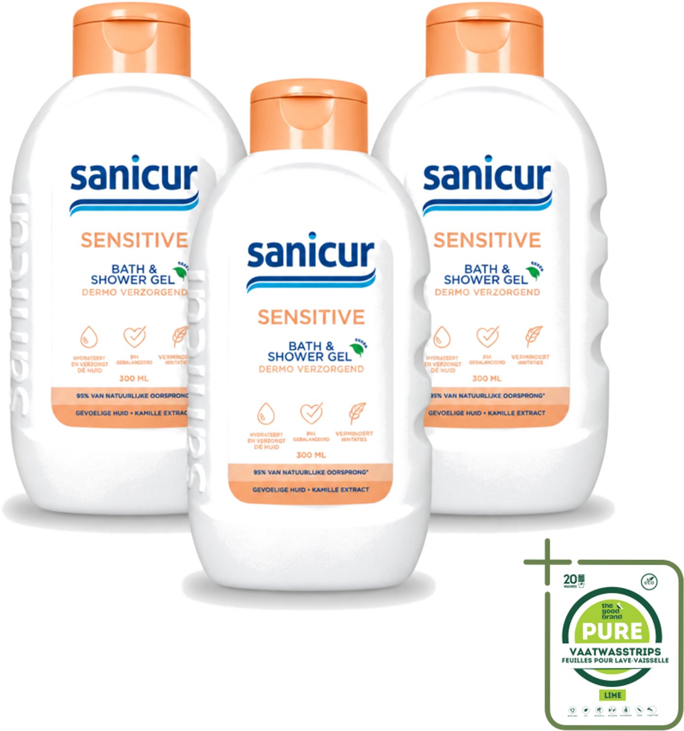 3 x Sanicur – Bad & Douchegel – Sensitive – 300 ml - Grootverpakking - Vaatwasstrips - Gevoelige Huid - Bad En Douchegel - Zachte Reiniging - Kamille Extract - Huidbeschermend