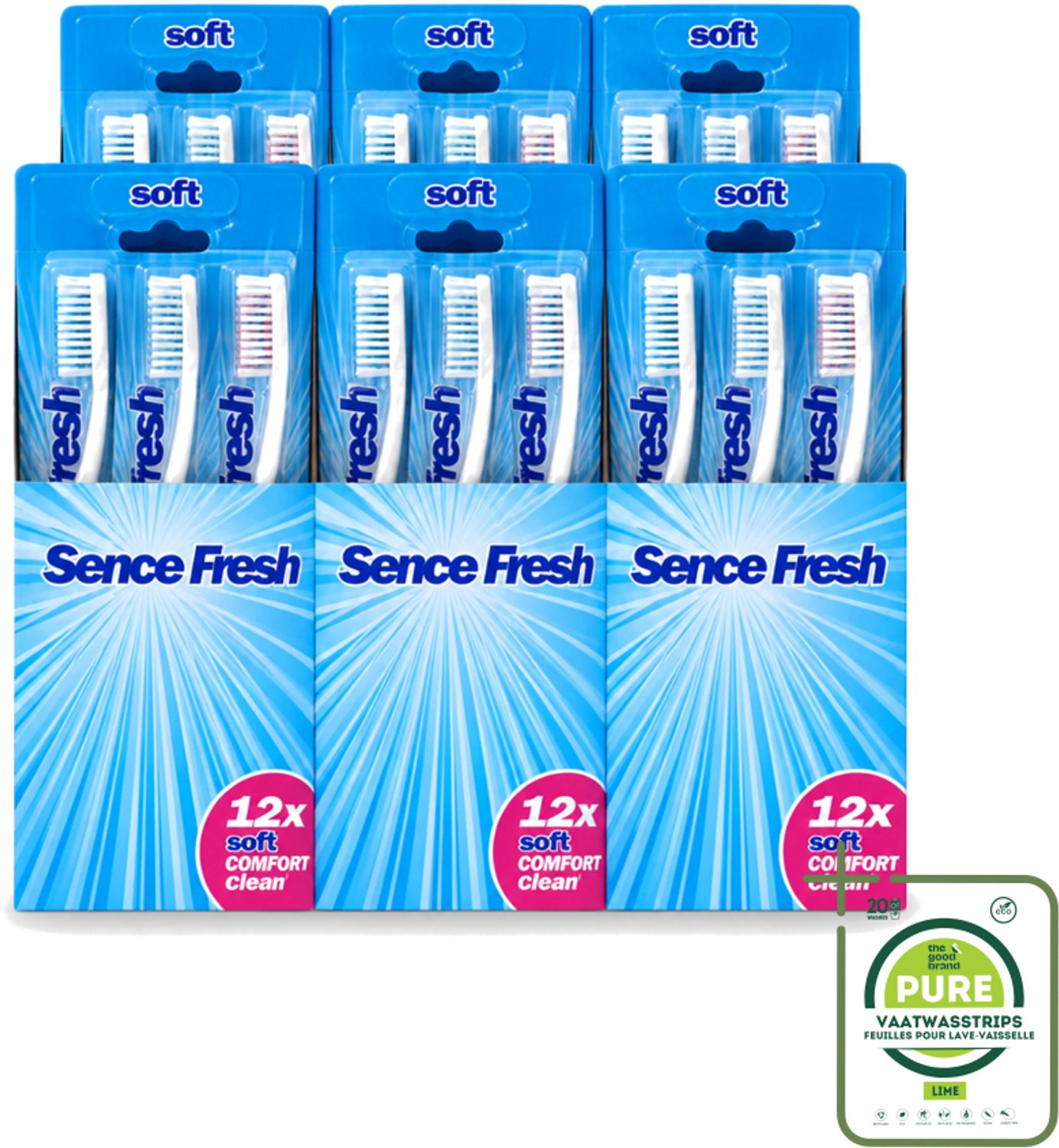 6 x Sence - Tandenborstels - Fresh Soft Comfort Clean - 12 Tandenborstels - Grootverpakking - Vaatwasstrips - Tandenborstel - Zachte Tandenborstel - Mondhygiëne - Tandenborstel Voor Gevoelig Tandvlees - Dagelijks Poetsen