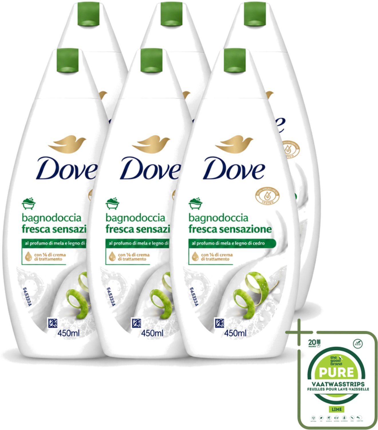 6 x Dove – Douchegel – Fresh Sensation – 450 ml - Grootverpakking - Vaatwasstrips - Douchegel - Fris Gevoel - Mild Reinigen - Huid Verzorgen - Schuim