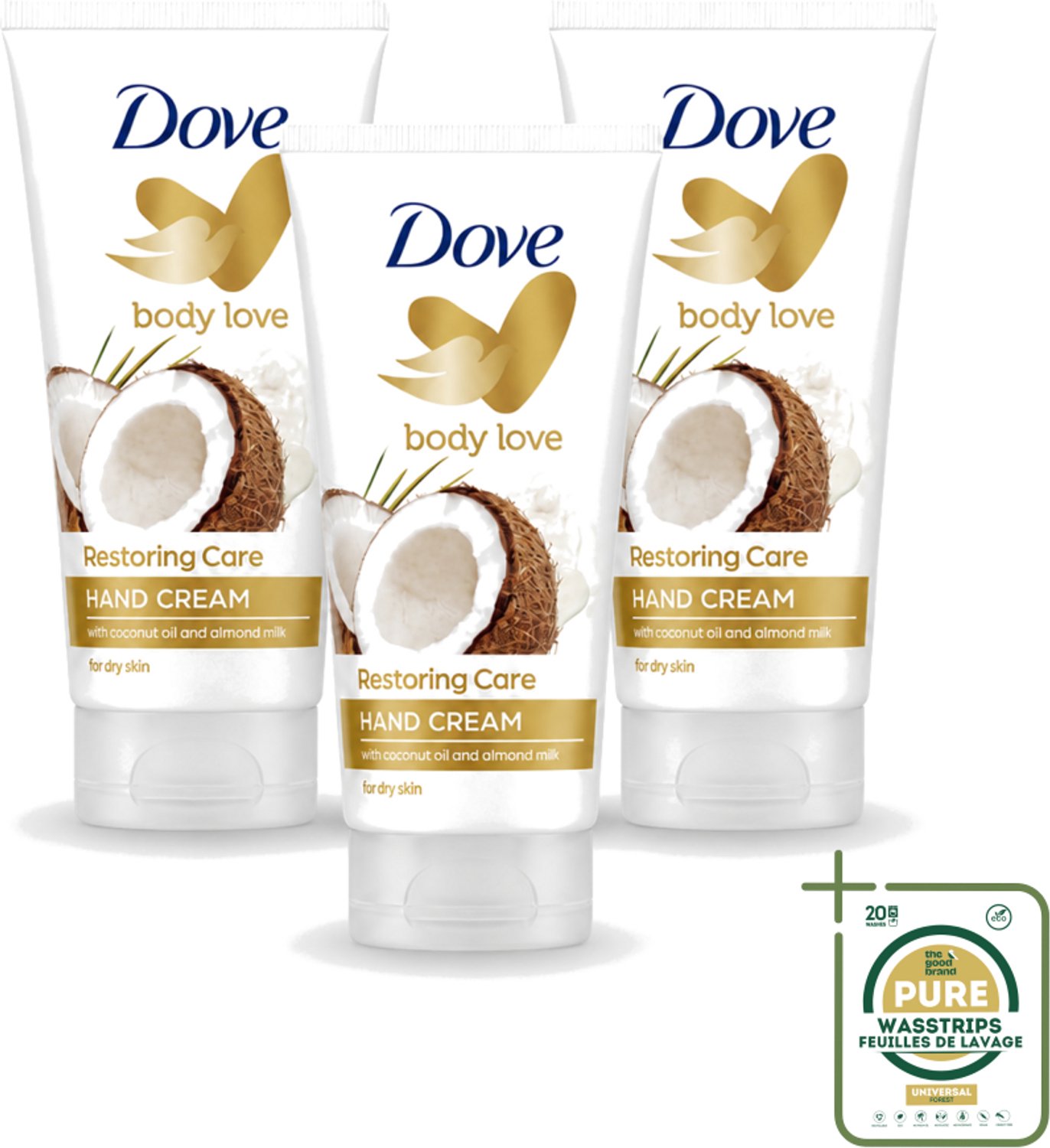 3 x Dove - Handcrème - Body Love Restoring Care - Kokos & Almond - Hydraterend - Droge huid - 75 g - Wasstrips - Handcrème - Droge Huid - Hydraterende Crème - Kokos En Amandel - Huidverzorging
