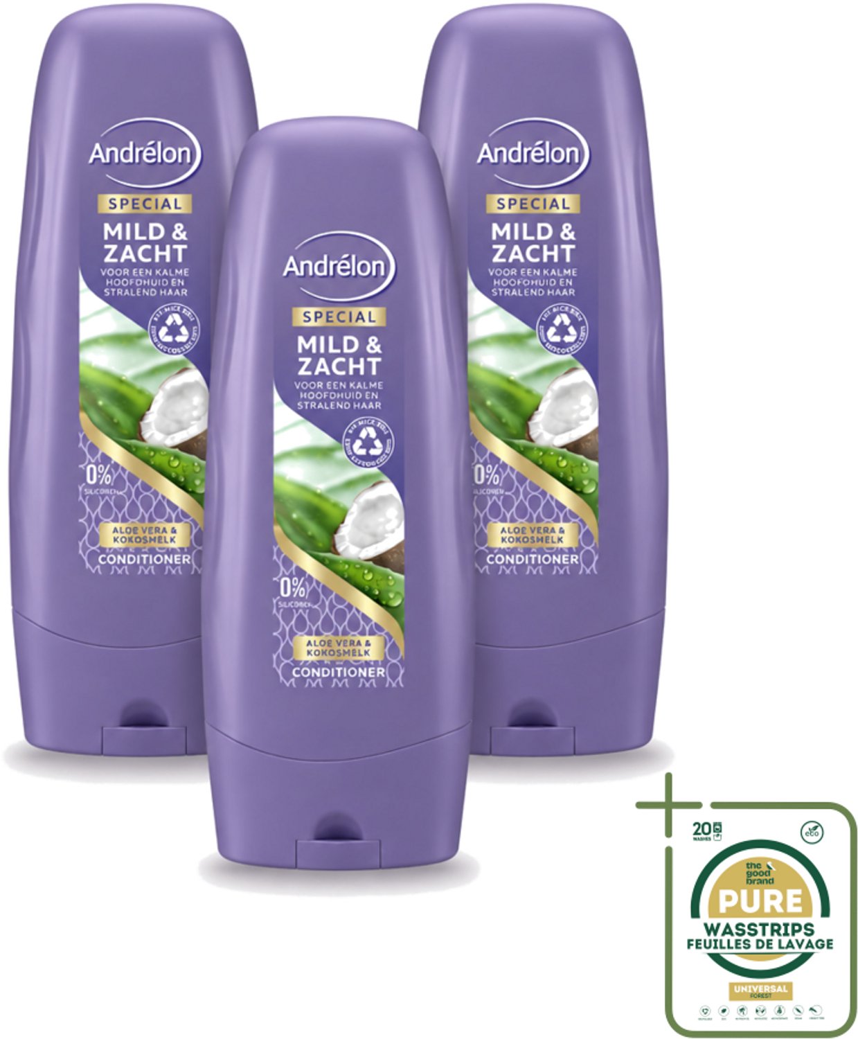 3 x Andrélon - Mild & Zacht - Conditioner - Voor Gevoelige Hoofdhuid - 300 ml - Wasstrips - Gevoelige Hoofdhuid - Droge Hoofdhuid - Zachte Haar - Glanzend Haar - Kokosgeur