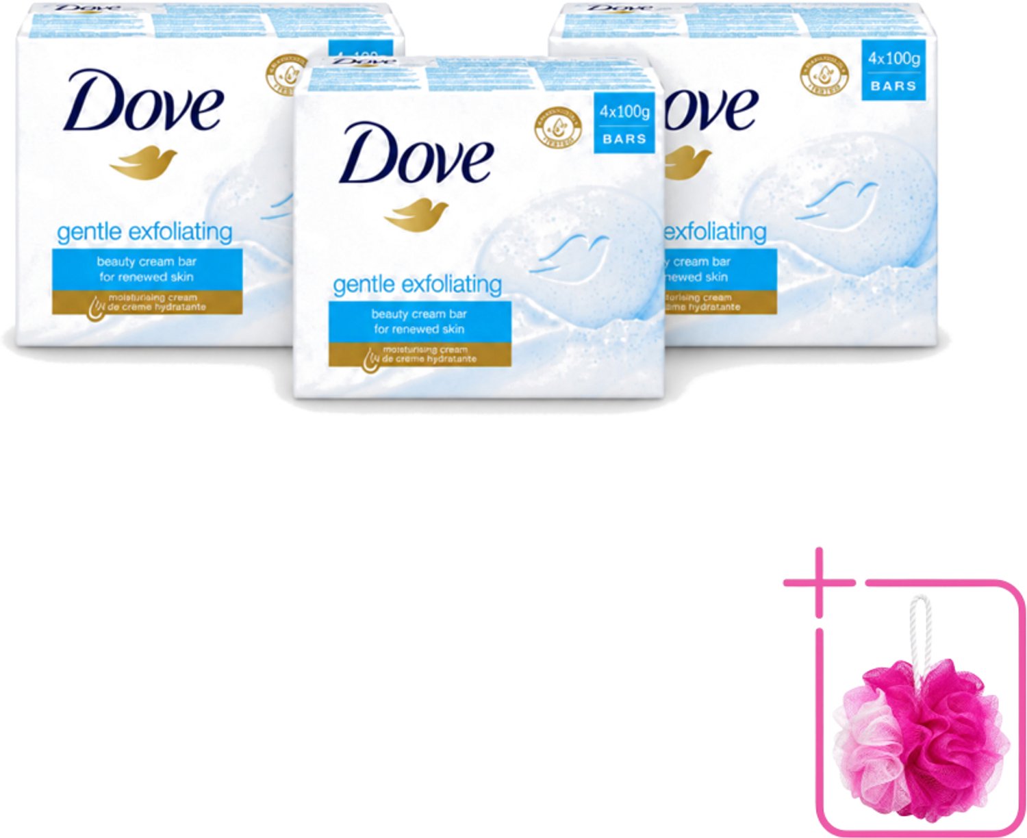 3 x Dove - Zeep - Gentle Exfoliating - Verfrissend - 4 x 100 g - Bulkverpakking - Dove Beauty Bar - Douchemop - Exfoliërende zeep