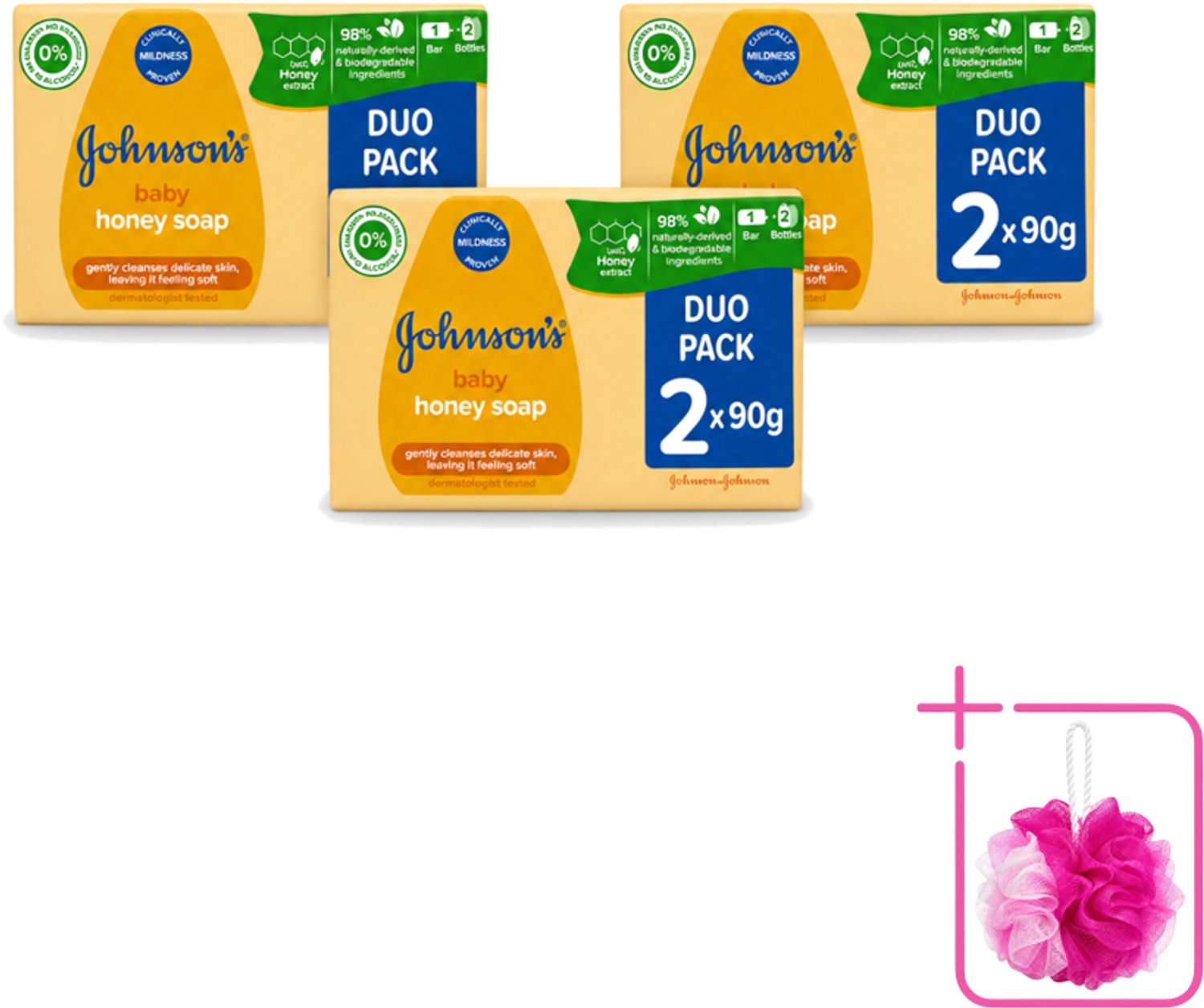 3 x Johnson's - Baby Honey Soap - Zacht - Reinigt Gevoelige Huid - 2 x 90 g - Bulkverpakking - Babyhuid reinigen - Douchemop - Honing zeep