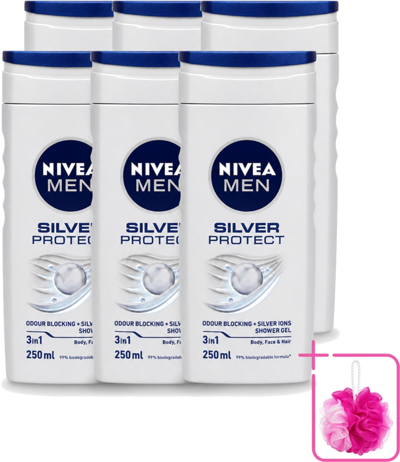 6 x Nivea Men – Douchegel – Silver Protect – 250 ml - Bulkverpakking - Douchegel mannen - Douchemop - Zilverionen
