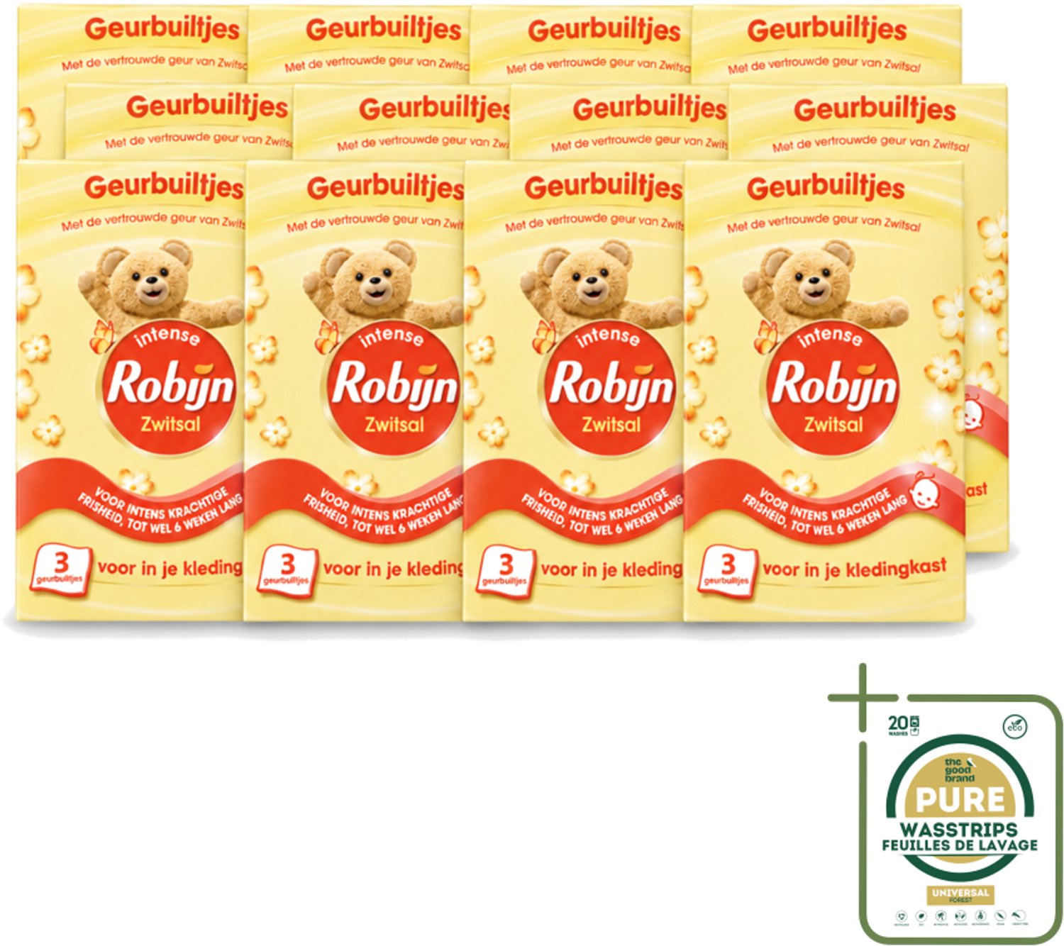 12 x Robijn - Zwitsal - Geurbuiltjes - Zachte Babygeur - Hypoallergeen - 3 Geurbuiltjes - Wasstrips - Zwitsal Geur - Geurbuiltjes - Babygeur - Kastgeur - Ladegeur