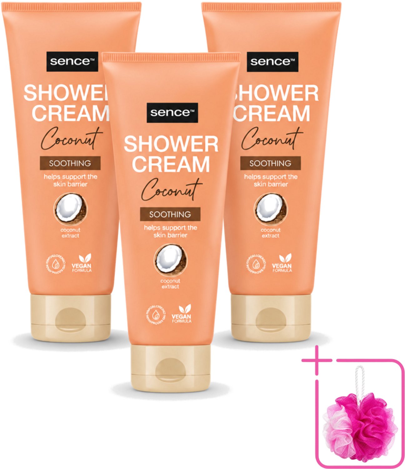 3 x Sence - Coconut - Douchecrème - Verzorgend - 200 ml - Bulkverpakking - Douchecrème kokos - Douchemop - Kokos geur