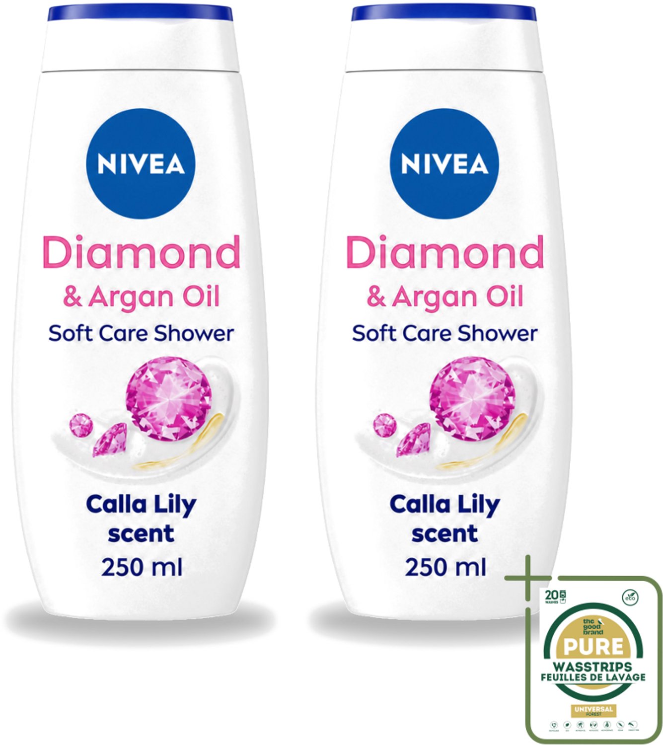 2 x Nivea - Diamond Touch Douchegel - Sensuele Leliegeur - 250 ml - Wasstrips - Douchegel - Diamantpoeder - Witte Aronskelk - Hydratatie - Luxe Douchegel