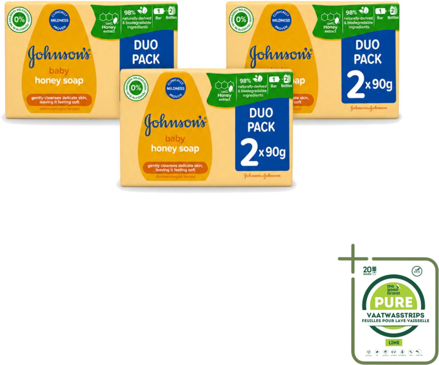 3 x Johnson's - Baby Honey Soap - Zacht - Reinigt Gevoelige Huid - 2 x 90 g - Grootverpakking - Vaatwasstrips - Babyhuid Reinigen - Honing Zeep - Gevoelige Huid - Zachte Zeep - Baby Zeep