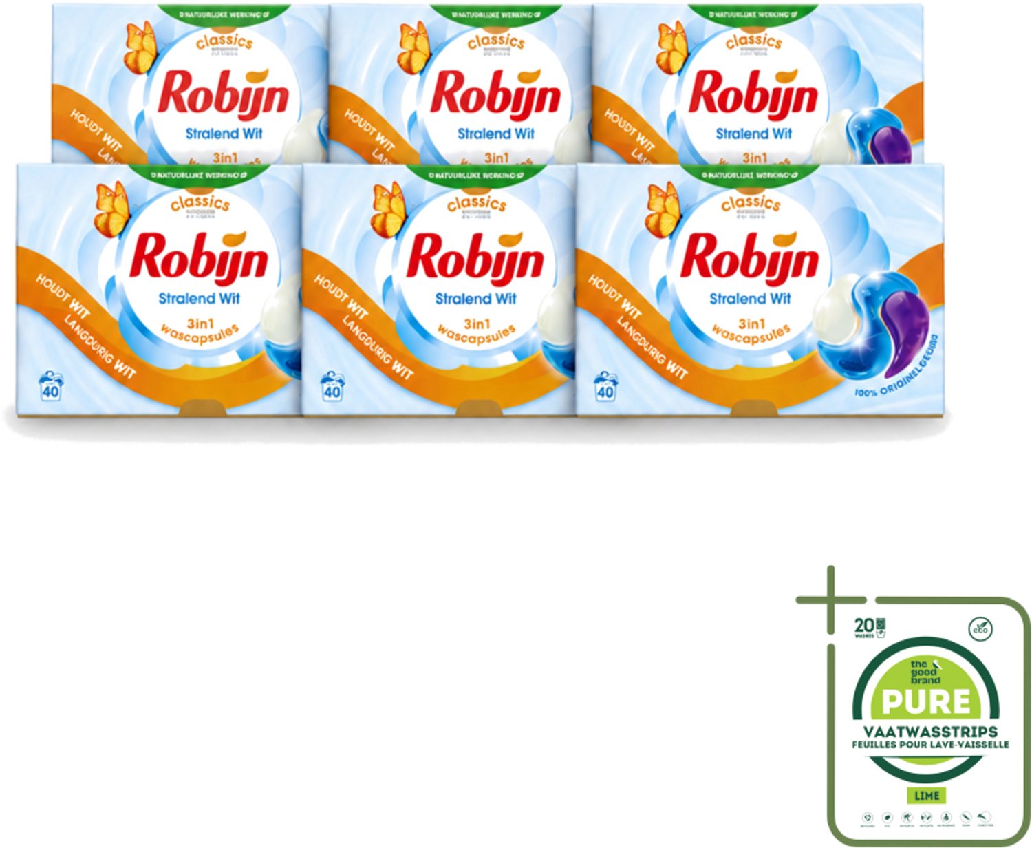 6 x Robijn - Stralend Wit - 3-in-1 Wascapsules - Houdt Langdurig Wit - 40 Wascapsules - Grootverpakking - Vaatwasstrips - Wit Was - Wascapsules - Wasverzorging - Wasgeur - Wasroutine