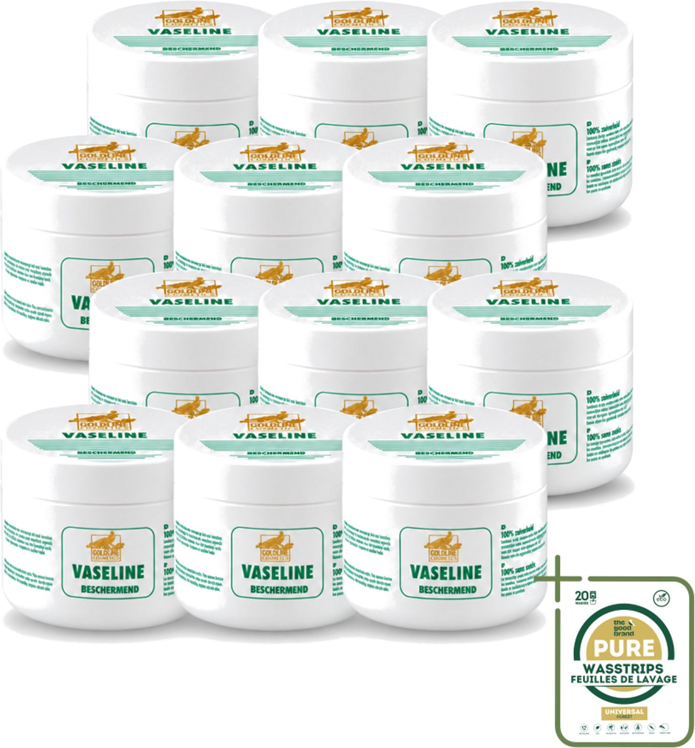 12 x Goldline - Vaseline - Huidverzorging - Beschermend & Hydraterend - 250 ml - Wasstrips - Huidverzorging - Hydratatie - Bescherming - Droge Huid - Uitdroging