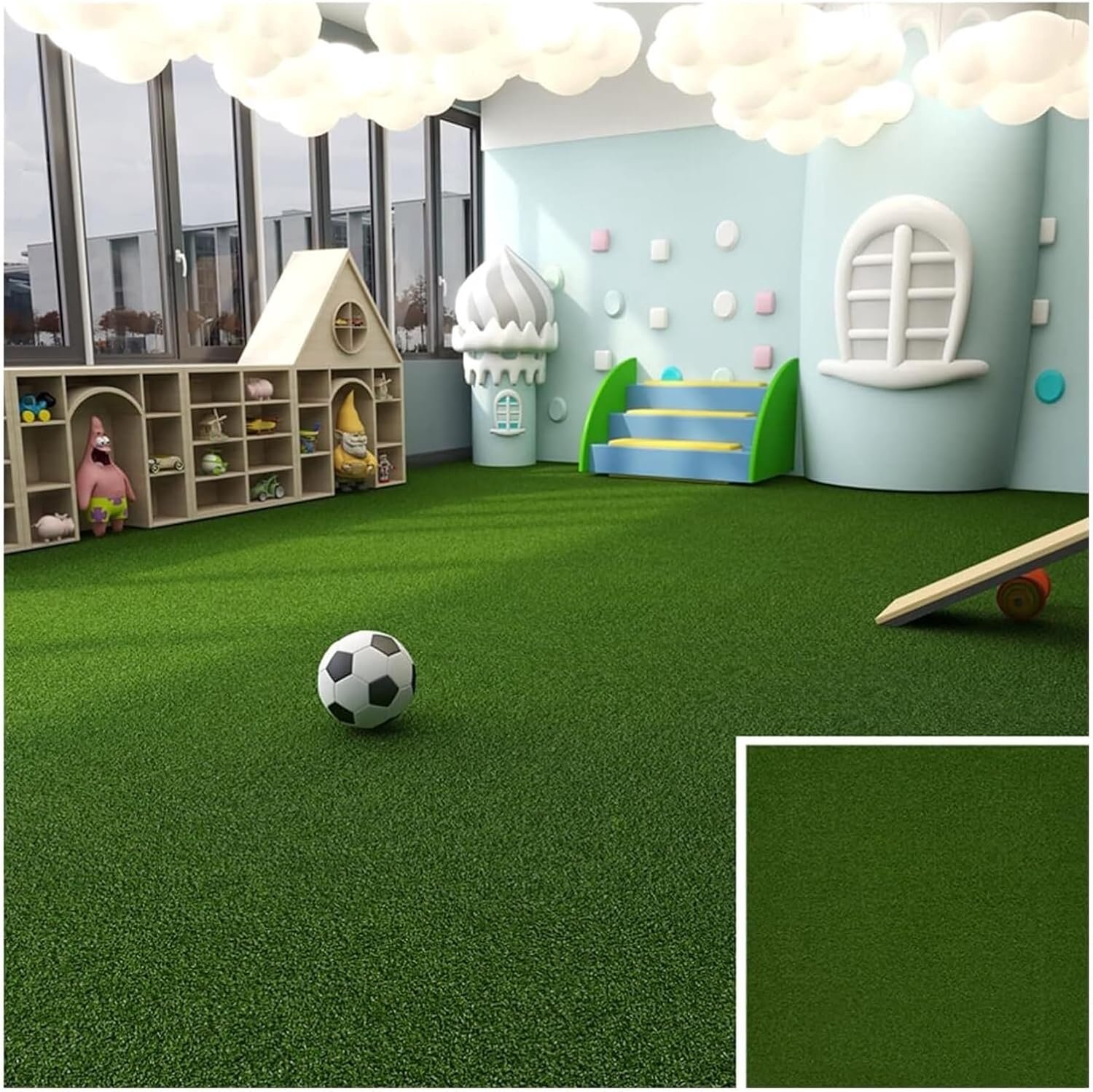 Kunstgras, kunstgras gras gazon, 1,1 cm dikke schokabsorberende woonvloer tapijt tegel, commercieel tapijt, 50 x 50 cm (kleur: groen, maat: 10 stuks)