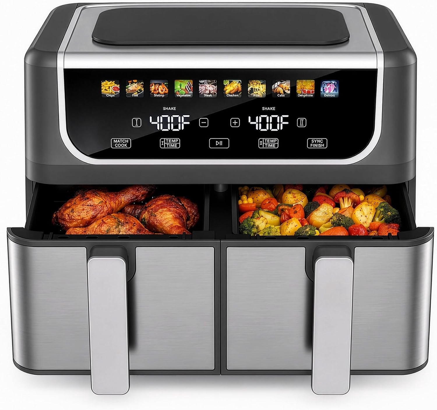 2 x luchtfriteuse manden (9,5 liter), 10-in-1 dubbele luchtfriteuse met knapperige keramische plaat, brede temperatuur van 80 tot 400 °C, intelligente kookmodus met