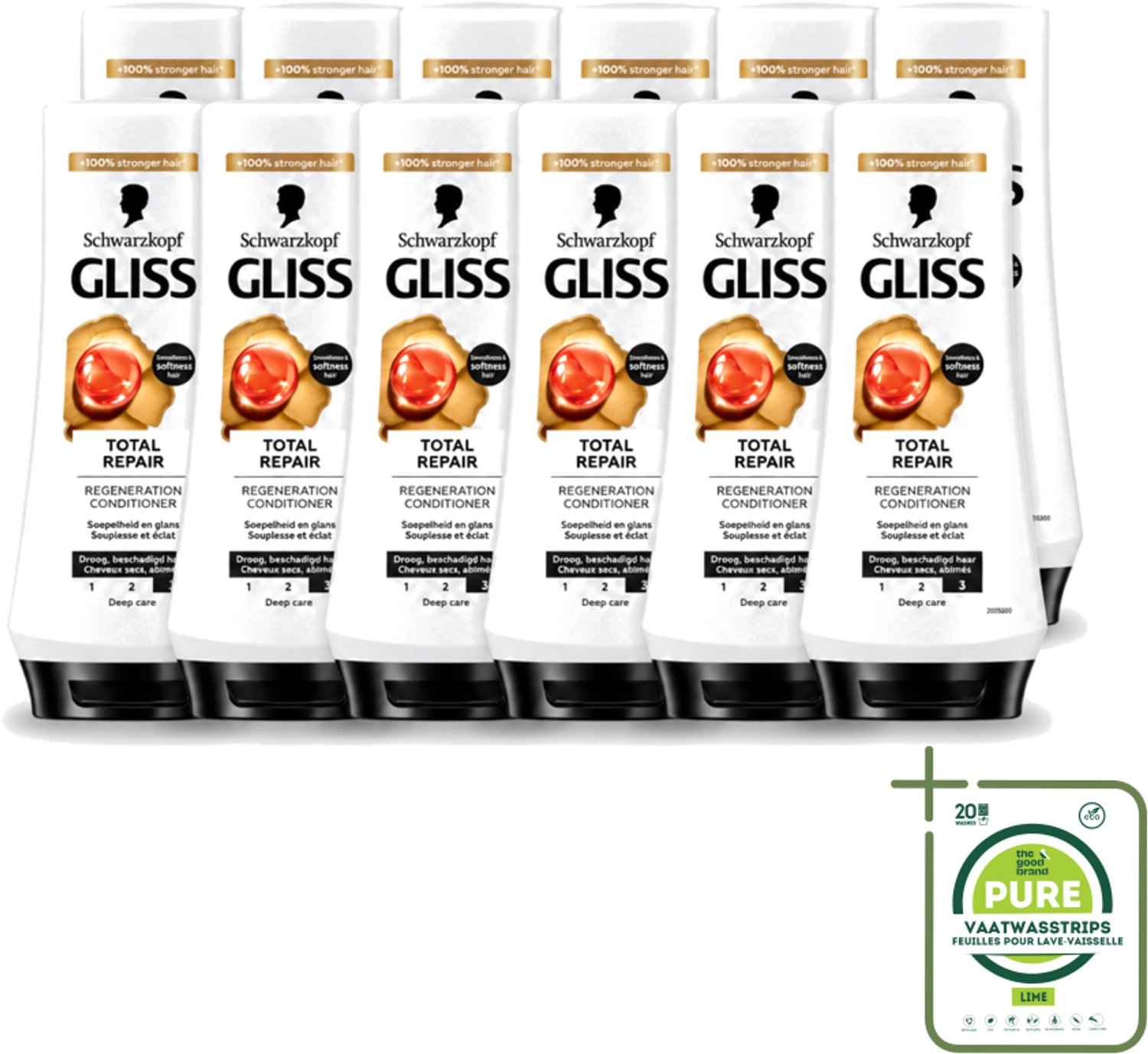 12 x Gliss - Hair Repair - Conditioner voor Totaal Herstel - 200 ml - Grootverpakking - Vaatwasstrips - Haarherstel - Droog Haar - Beschadigd Haar - Haarverzorging - Keratine