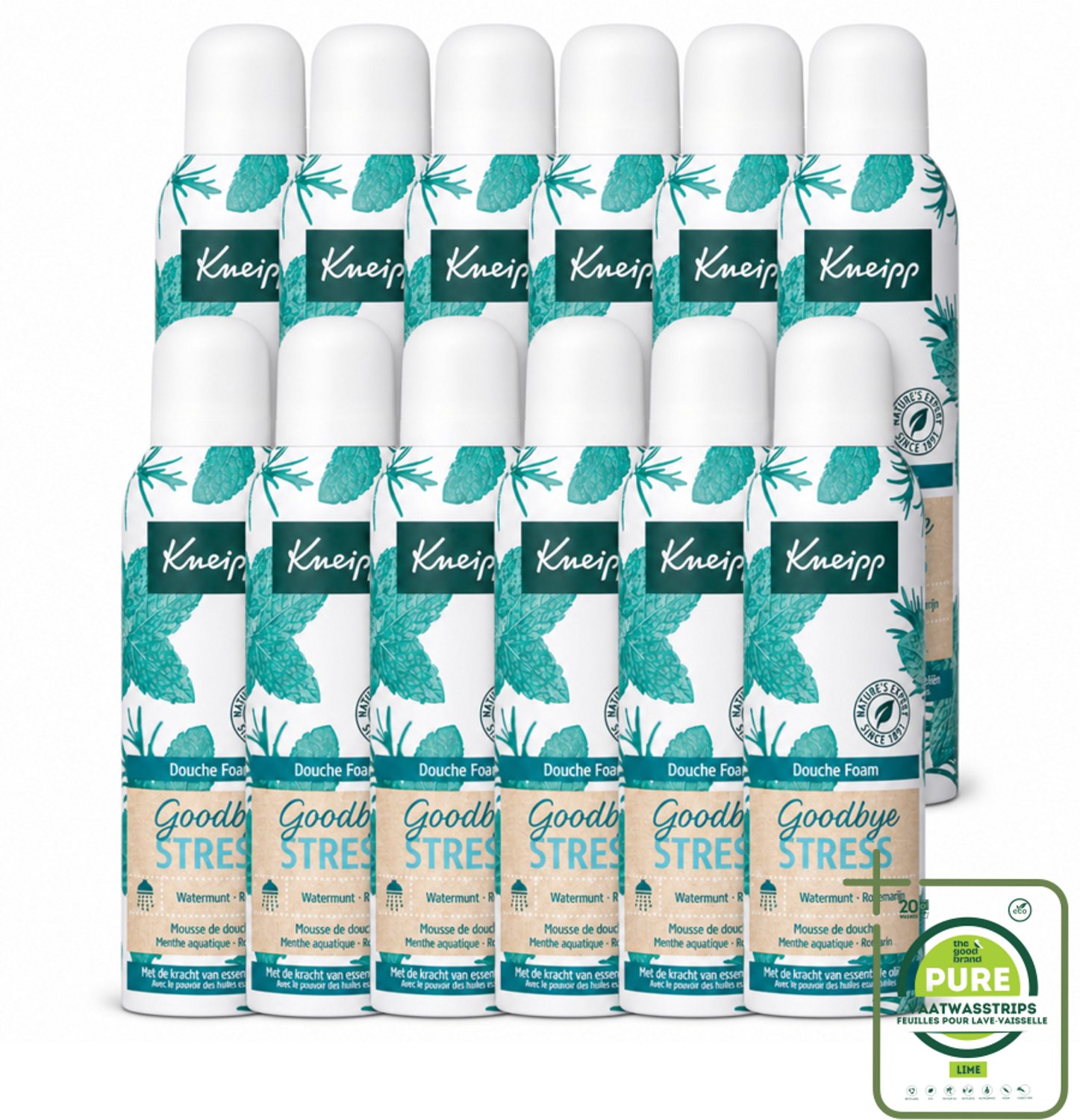 12 x Kneipp - Douche schuim - Goodbye Stress - Watermunt & Rozemarijn - 200 ml - Grootverpakking - Vaatwasstrips - Douche Foam - Stress Verlichten - Verfrissend Schuim - Natuurlijke Geur - Huid Verzorging